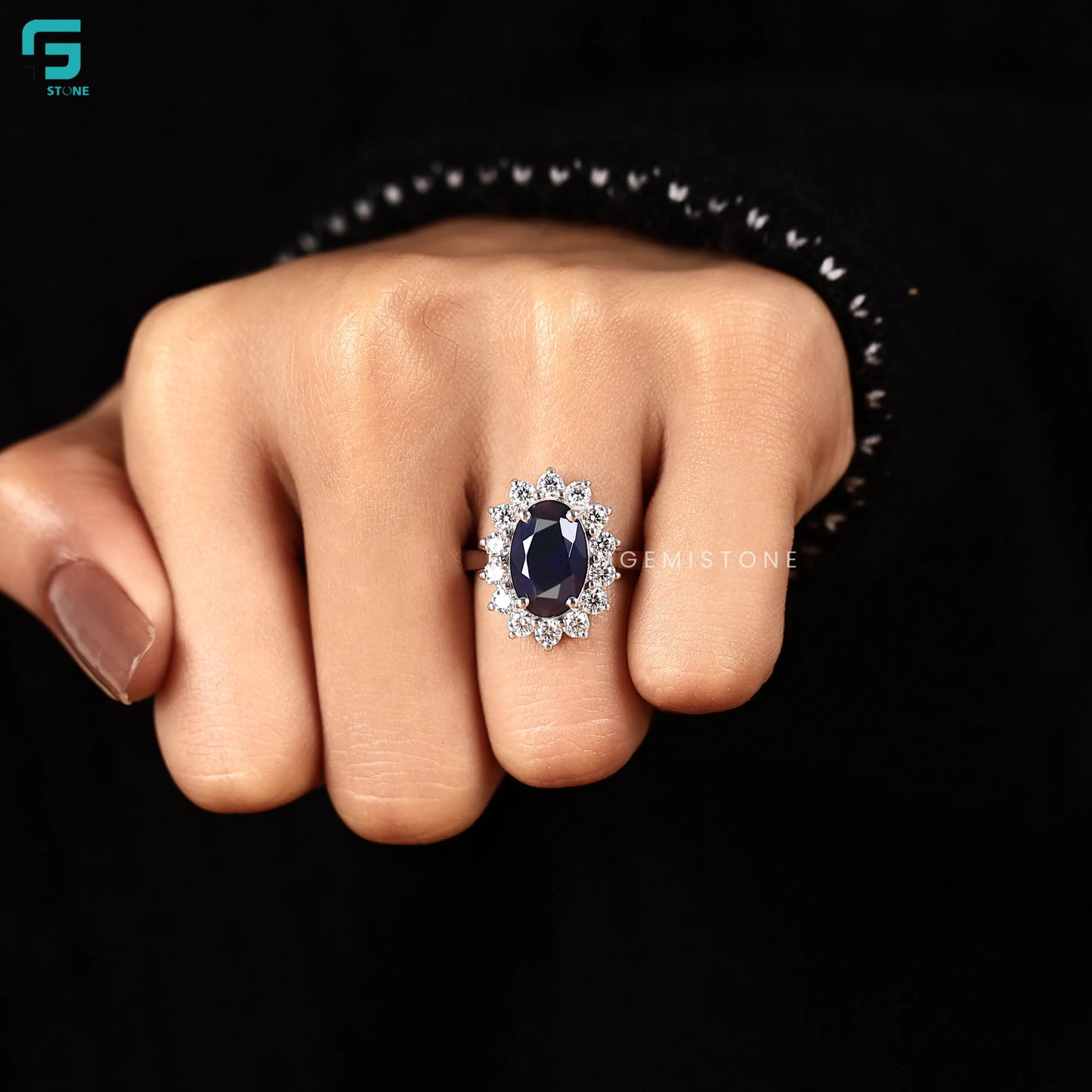 3CT Blue Sapphire Halo Lab Diamond Wedding Ring For Women