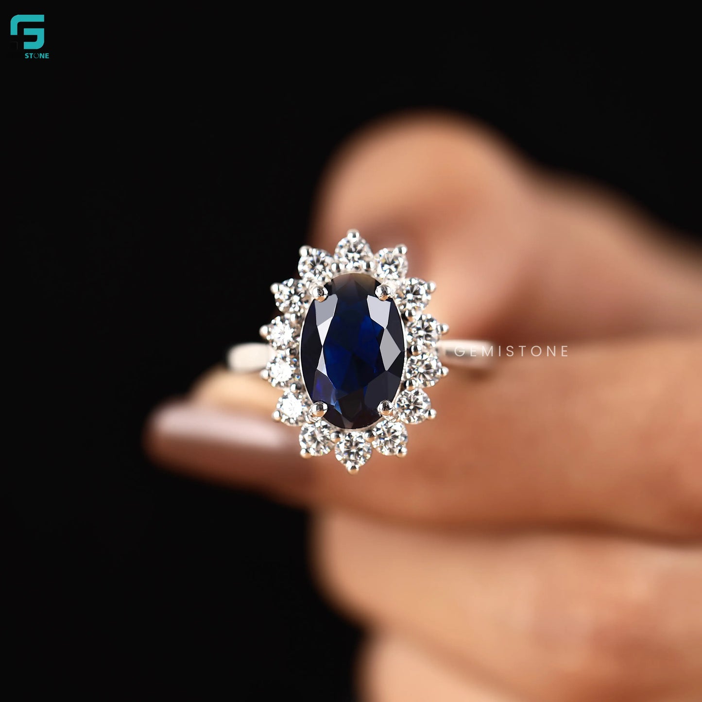 3CT Blue Sapphire Halo Lab Diamond Wedding Ring For Women