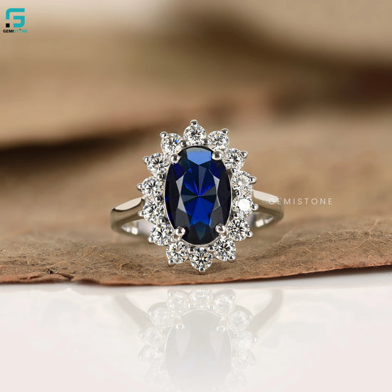 3CT Blue Sapphire Halo Lab Diamond Wedding Ring For Women