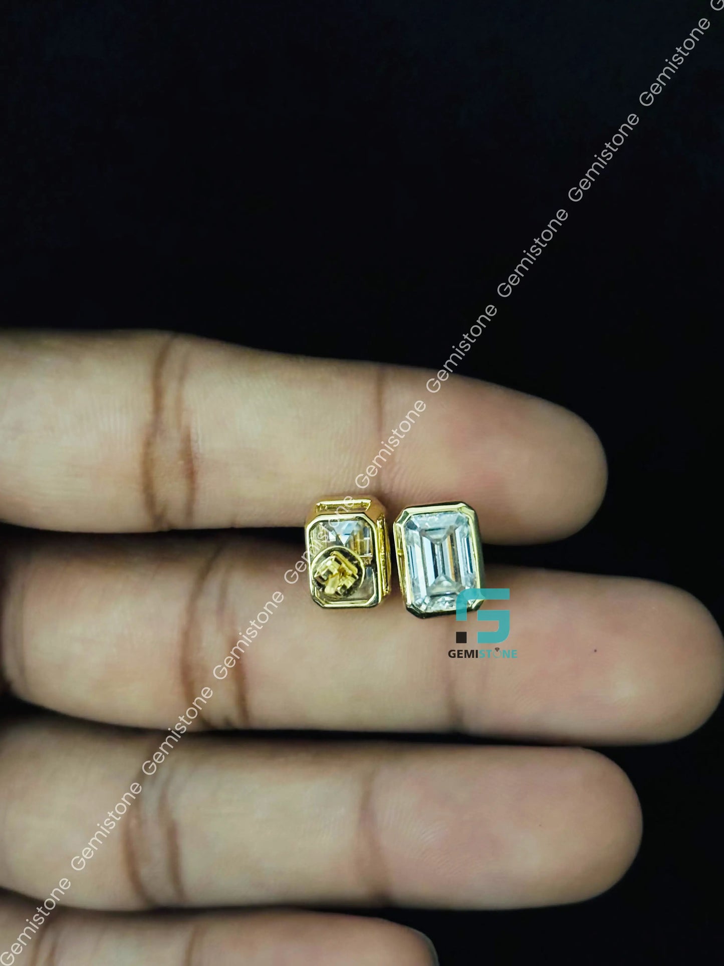 3CT Emerald Cut Bezel Set Moissanite Earrings in 925 Silver