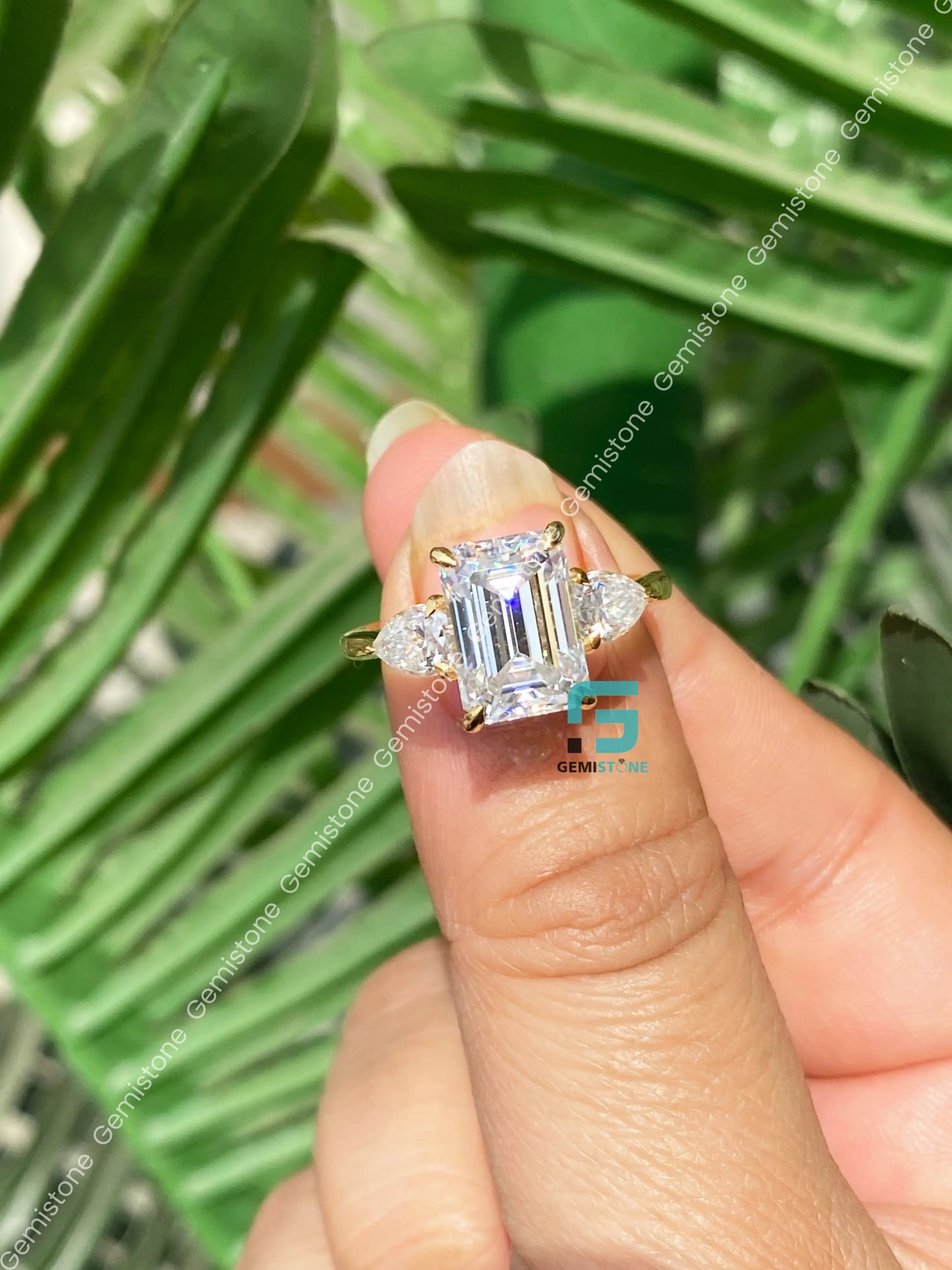 3 CT Emerald Cut Three Stone Moissanite Engagement Ring