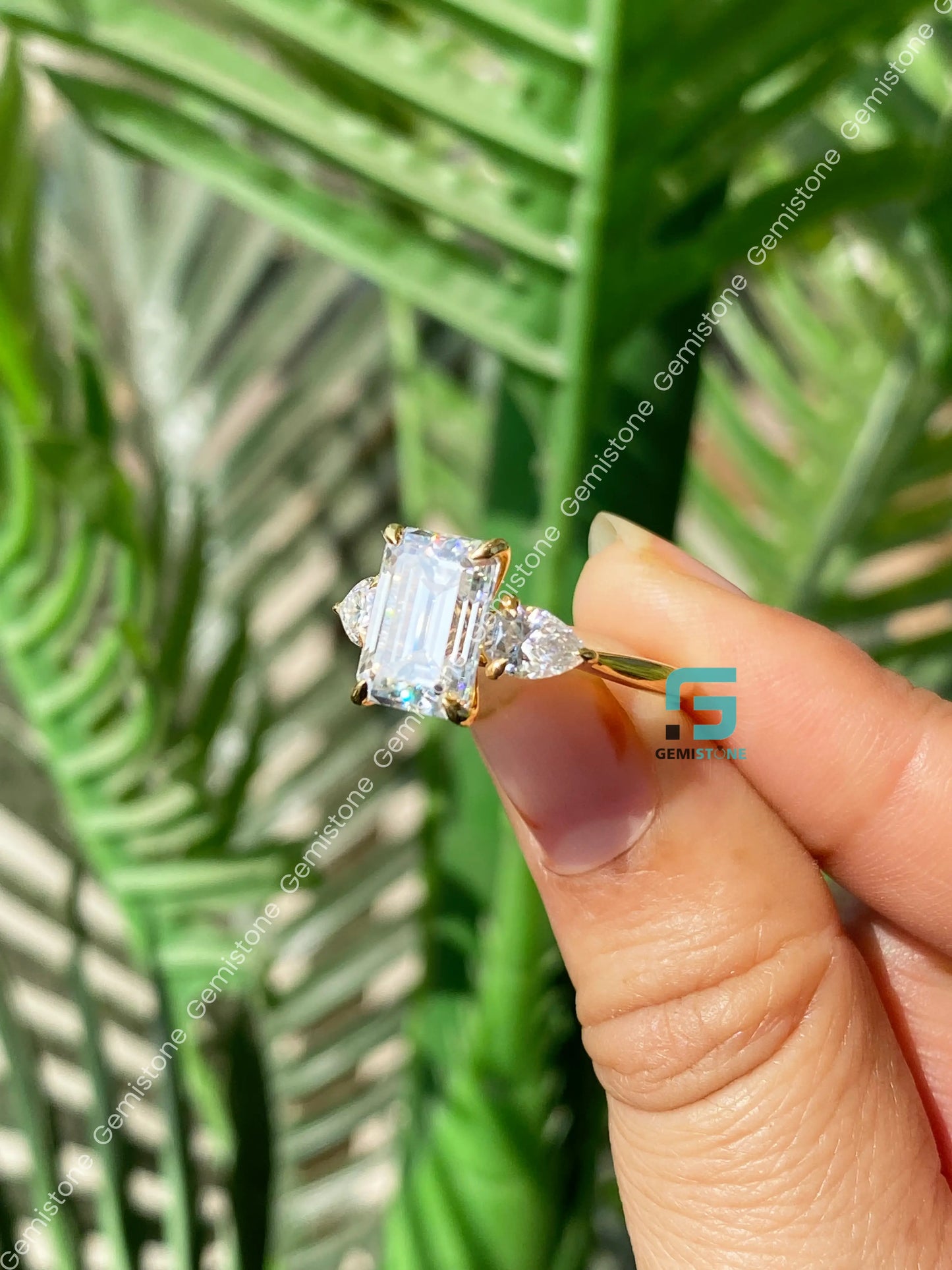 3 CT Emerald Cut Three Stone Moissanite Engagement Ring