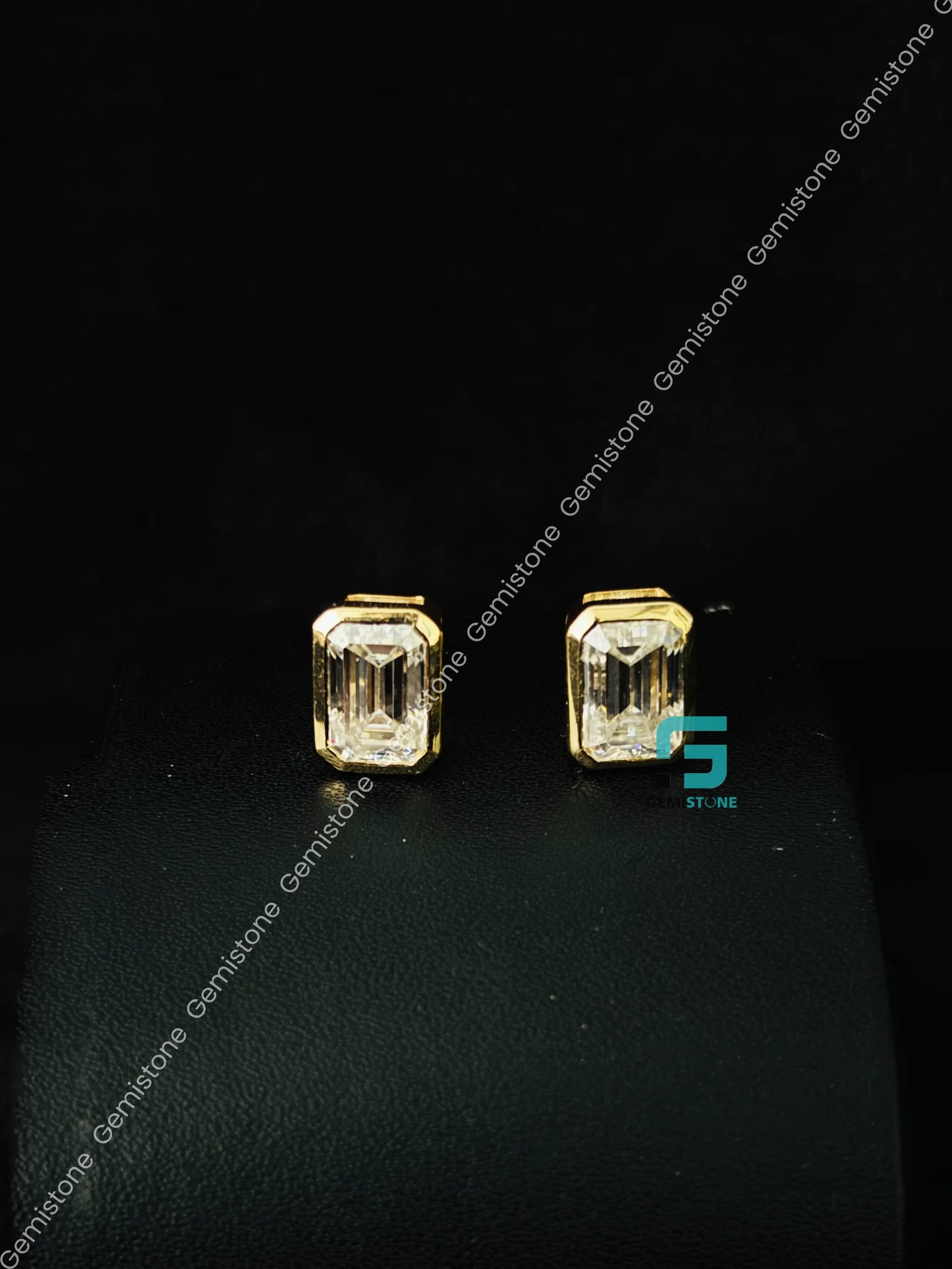 3CT Emerald Cut Bezel Set Moissanite Earrings in 925 Silver
