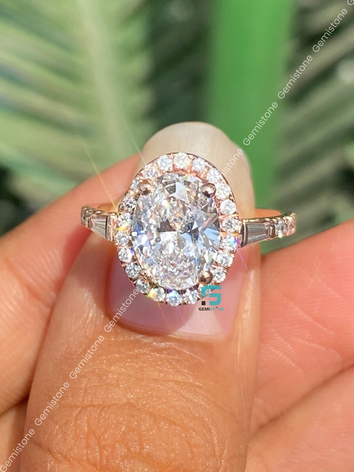 Oval and Tapper Baguette Halo Moissanite Annivasary Ring