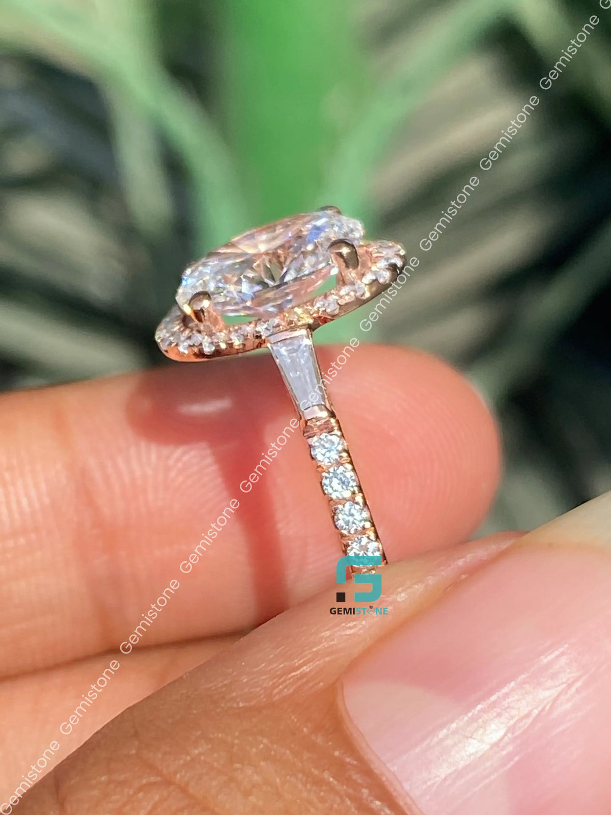 Oval and Tapper Baguette Halo Moissanite Annivasary Ring