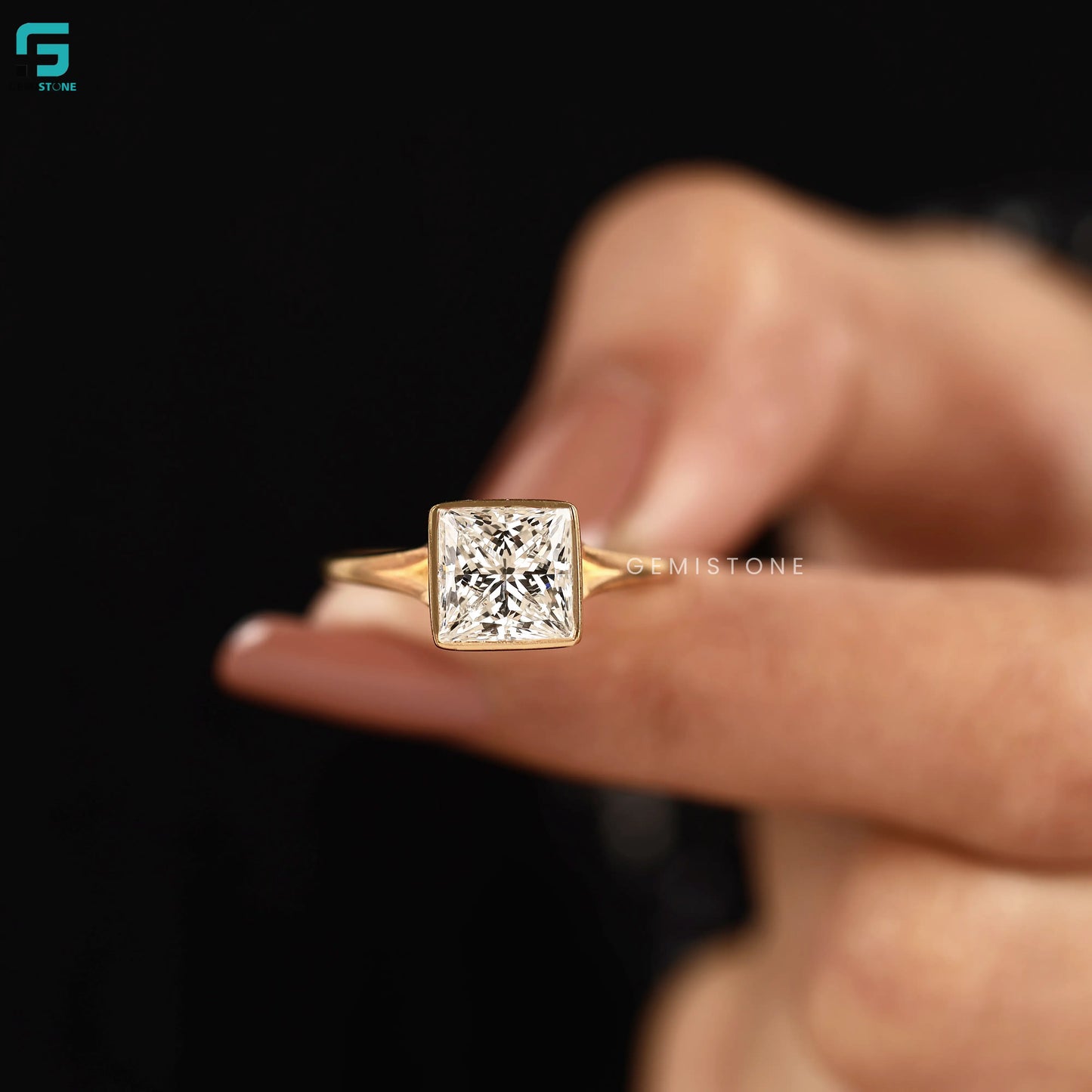 Bezel Set Princess Cut Lab Diamond Solitaire Engagement Ring