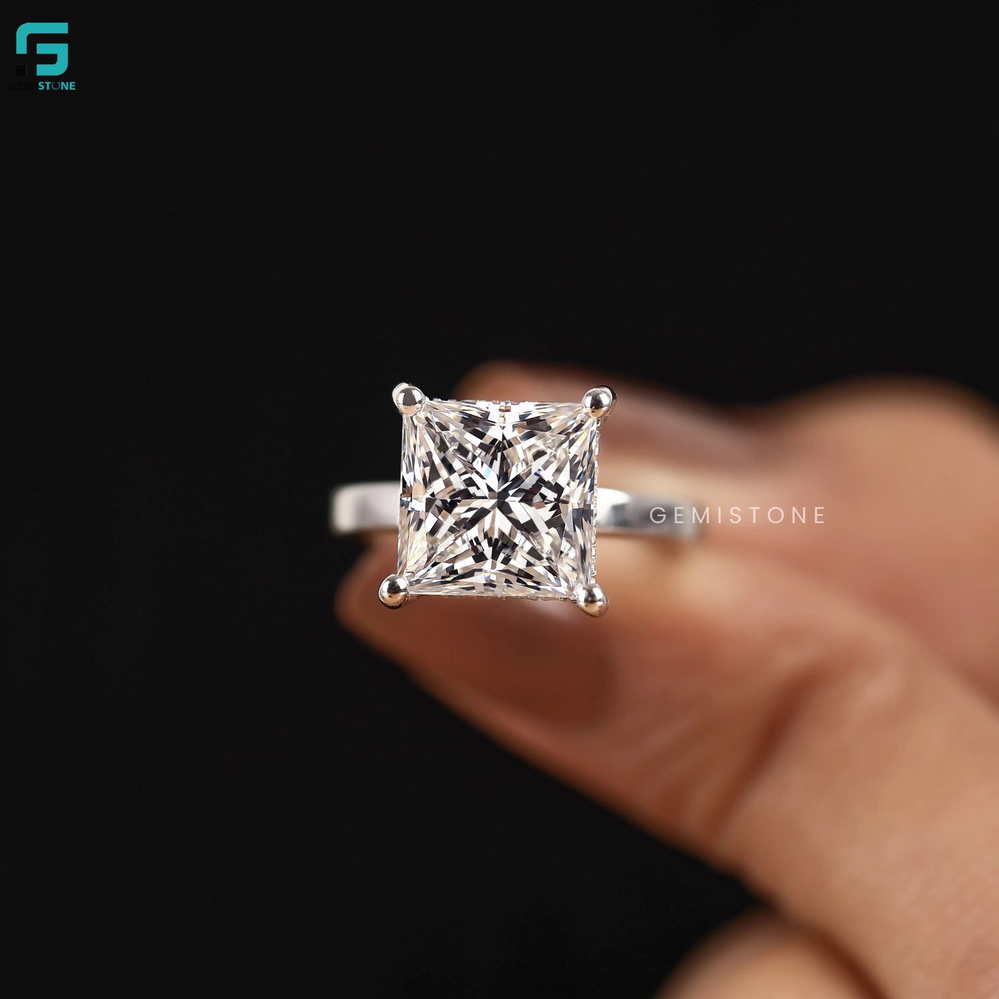 Princess Cut Hidden Halo Lab Diamond Wedding Ring For Women