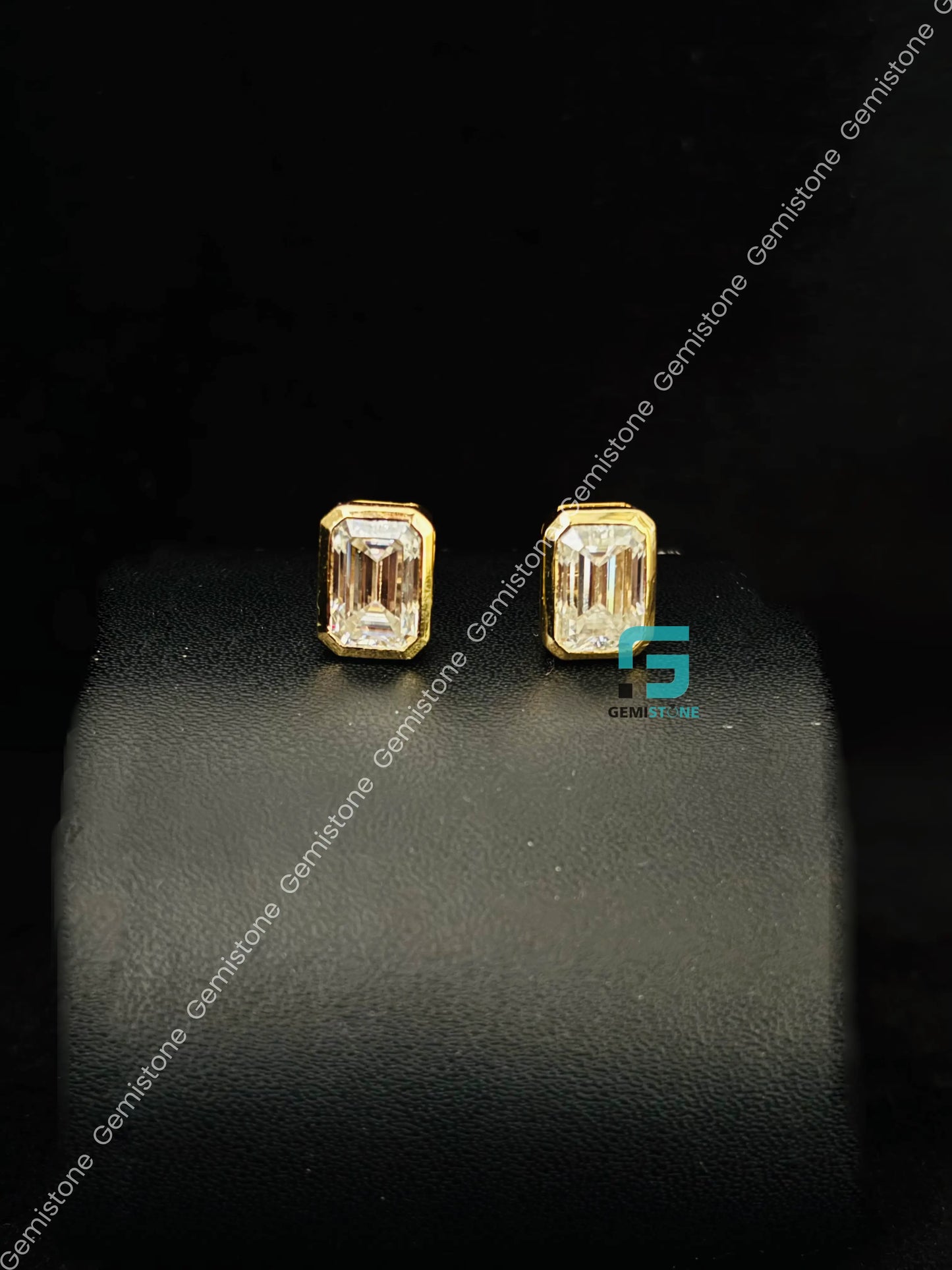 3CT Emerald Cut Bezel Set Moissanite Earrings in 925 Silver