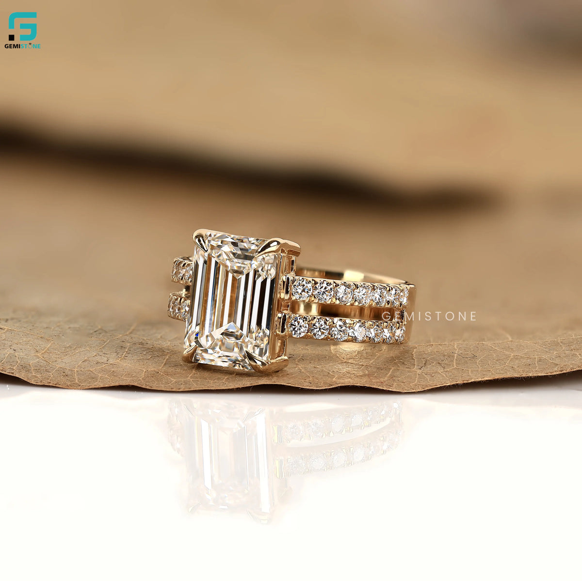 3CT Emerald Double Pave Set Wide Band Lab Diamond Ring 