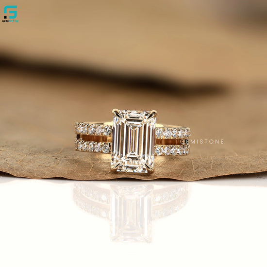 3CT Emerald Double Pave Set Wide Band Lab Grown Diamond Ring For Women