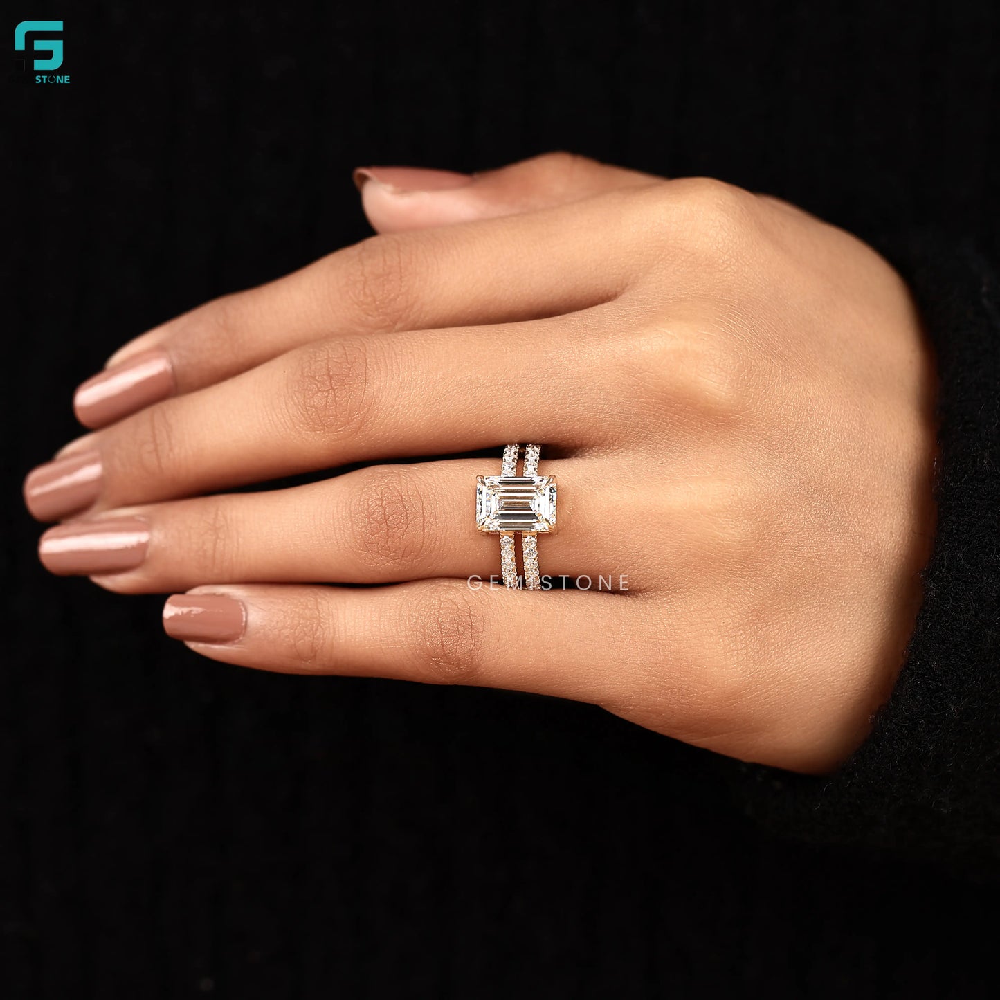 3CT Emerald Double pave Set Lab Diamond Ring 