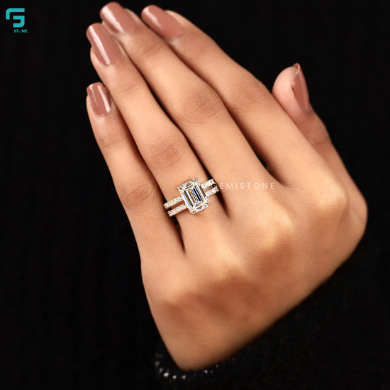 3CT Emerald Double pave Set Lab Diamond Ring For Women