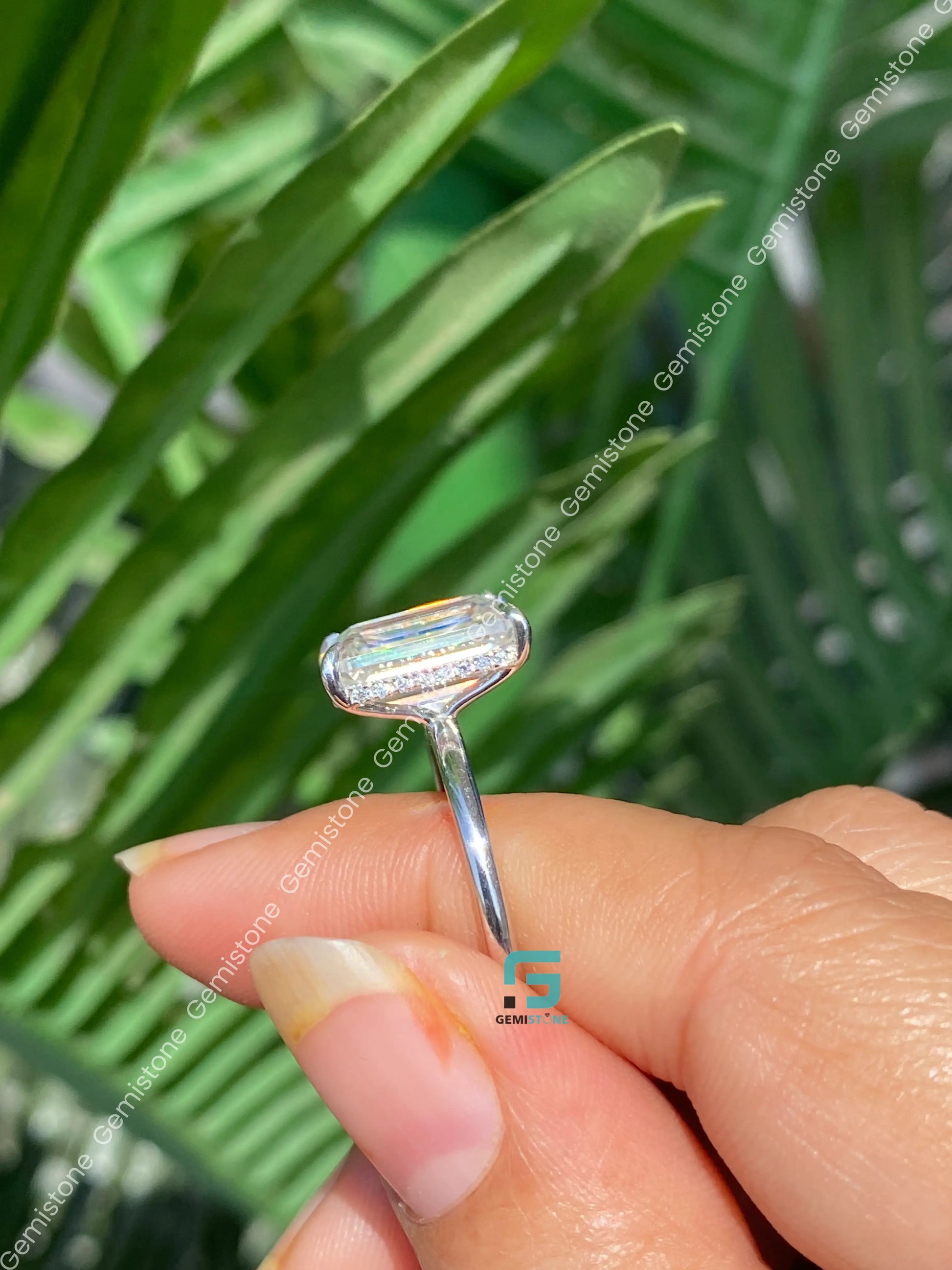 3CT Hidden Halo Emerald Cut Moissanite Engagement Ring