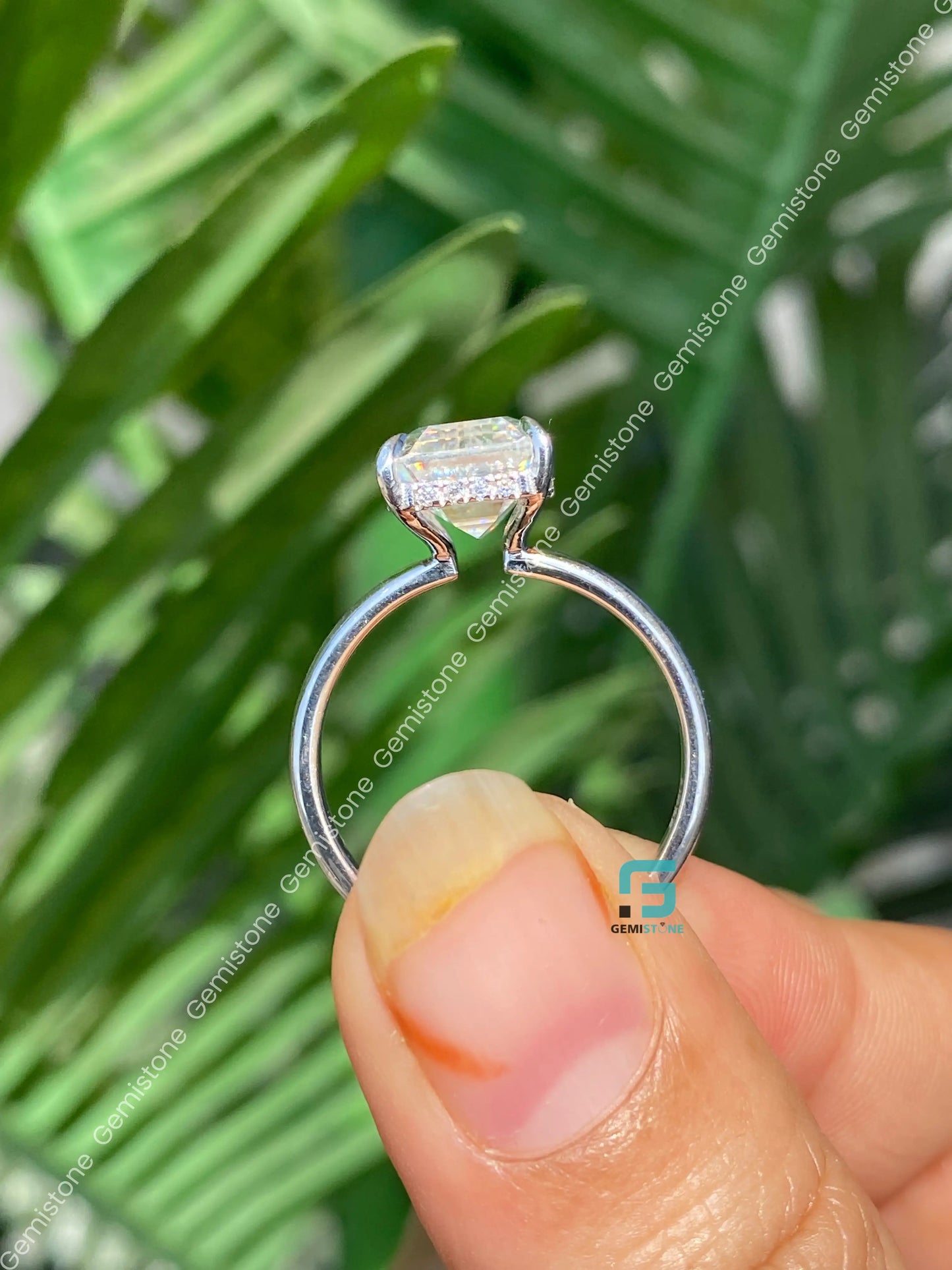 3CT Hidden Halo Emerald Cut Moissanite Engagement Ring For Women