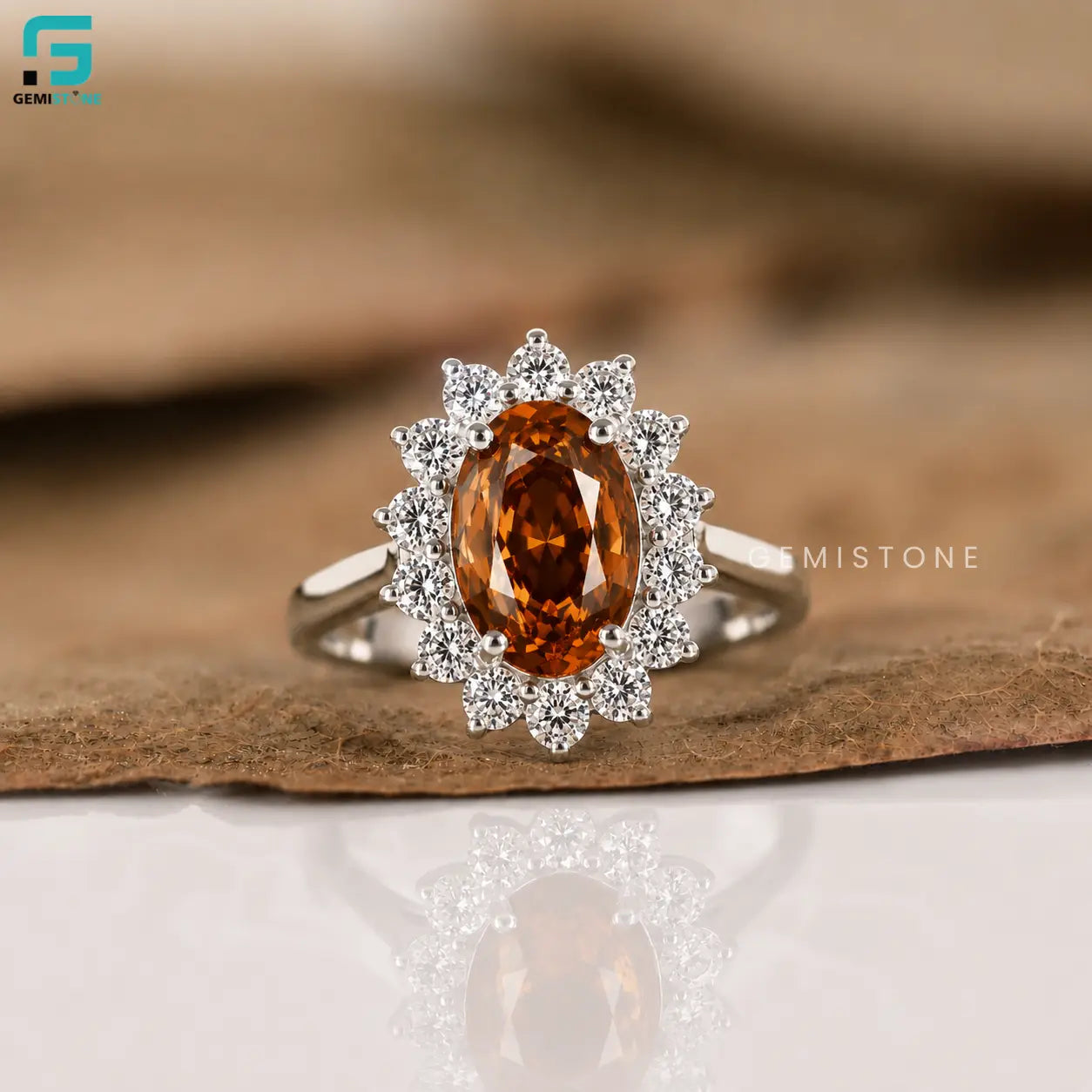 3CT Lab Diamond Orangy Brown Floral Halo Ring 