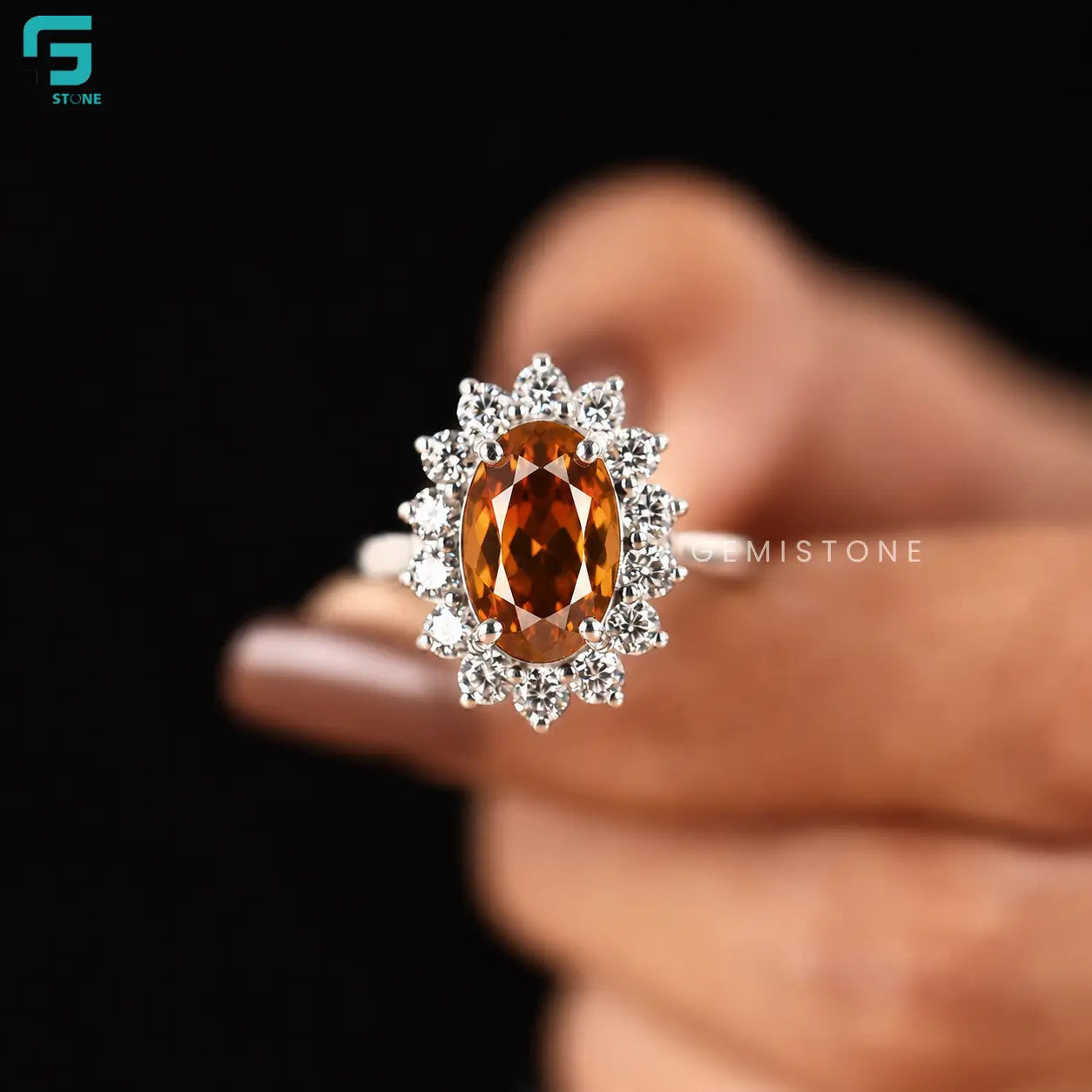 3CT Lab Grown Diamond Color Orangy Brown Floral Halo Ring For Women