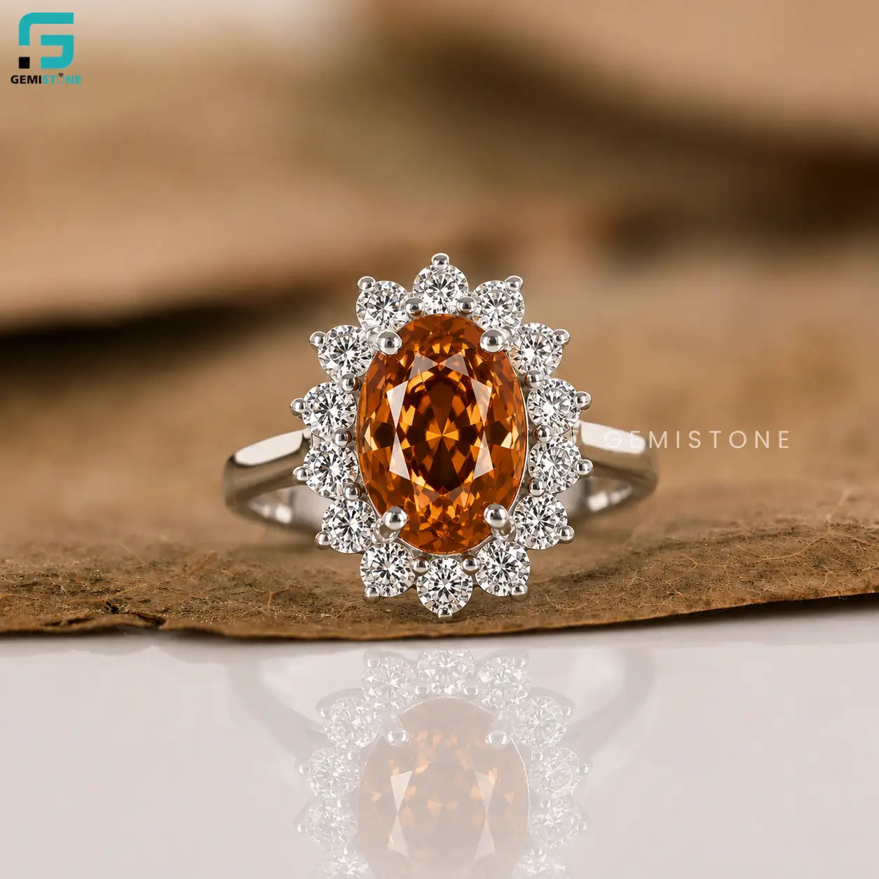 3CT Lab Grown Diamond Orangy Brown Floral Halo Ring For Women