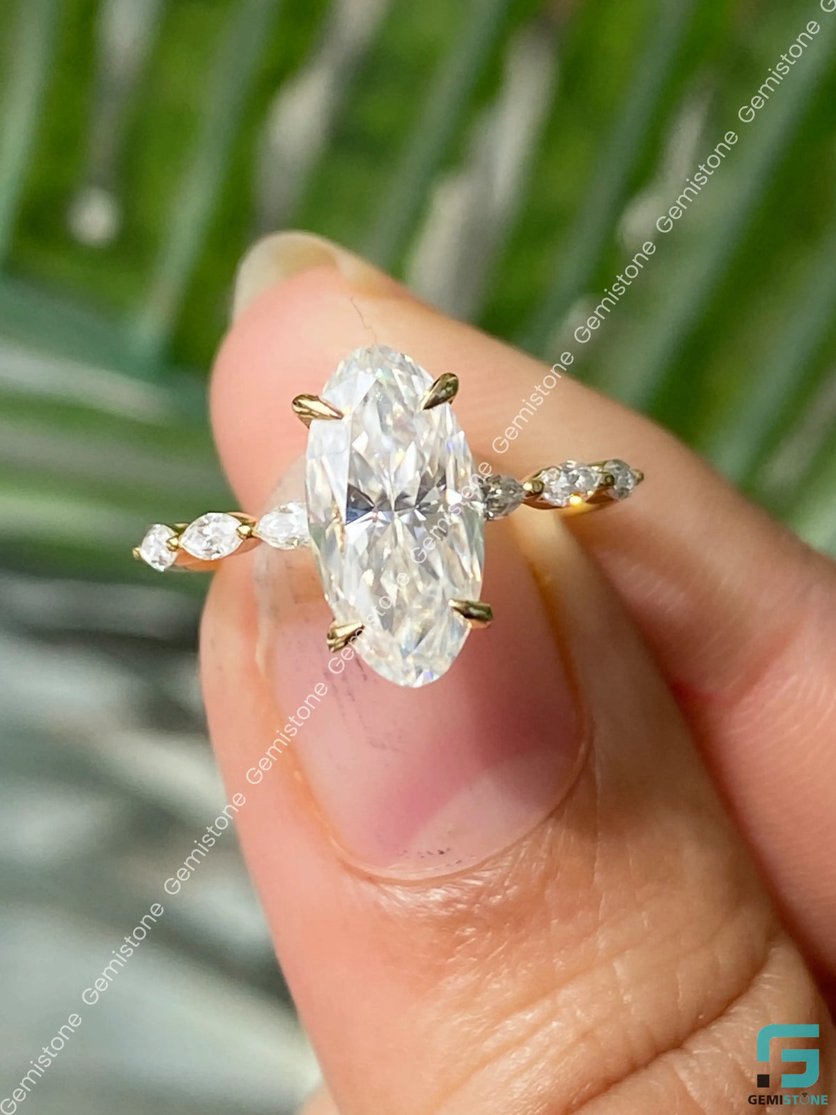3CT Moval Cut Marquise Pave Band Moissanite Ring 