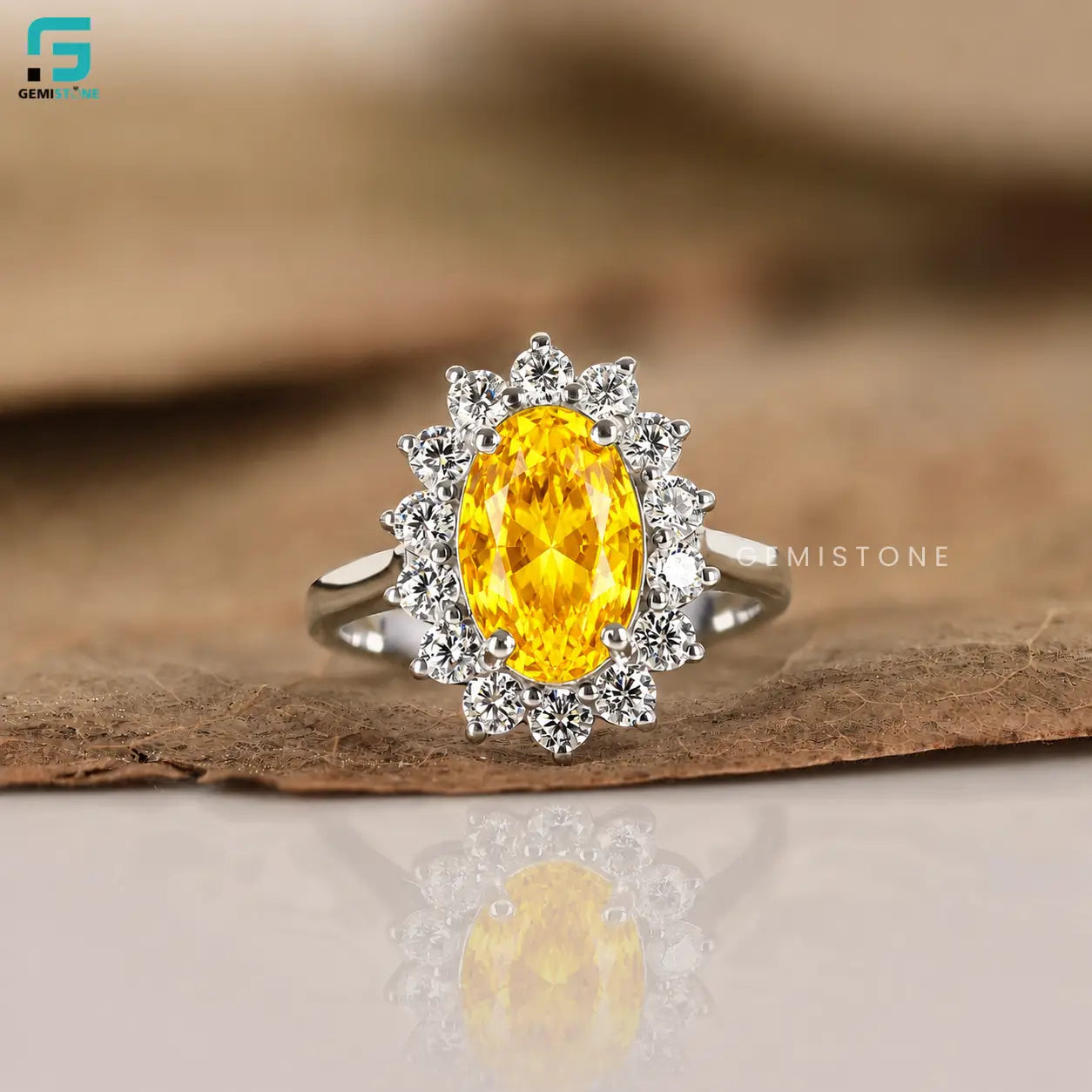 3CT Oval Cut Halo Intense Yellow Color Lab Grown Diamond Ring For Women