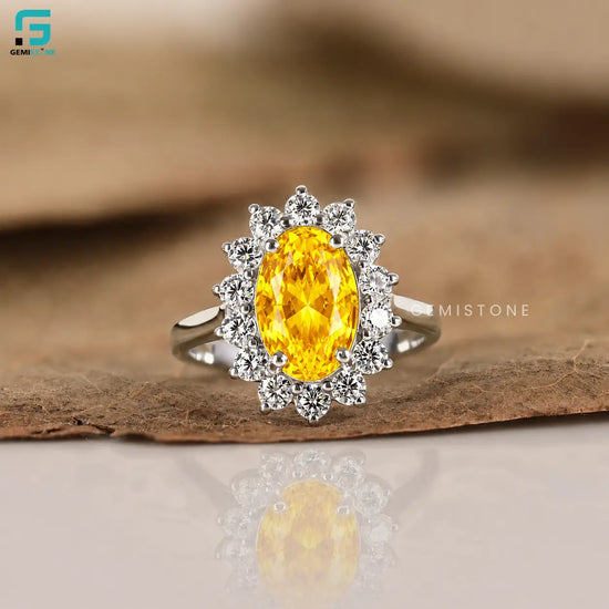 3CT Oval Cut Halo Intense Yellow Color Lab Grown Diamond Ring For Women