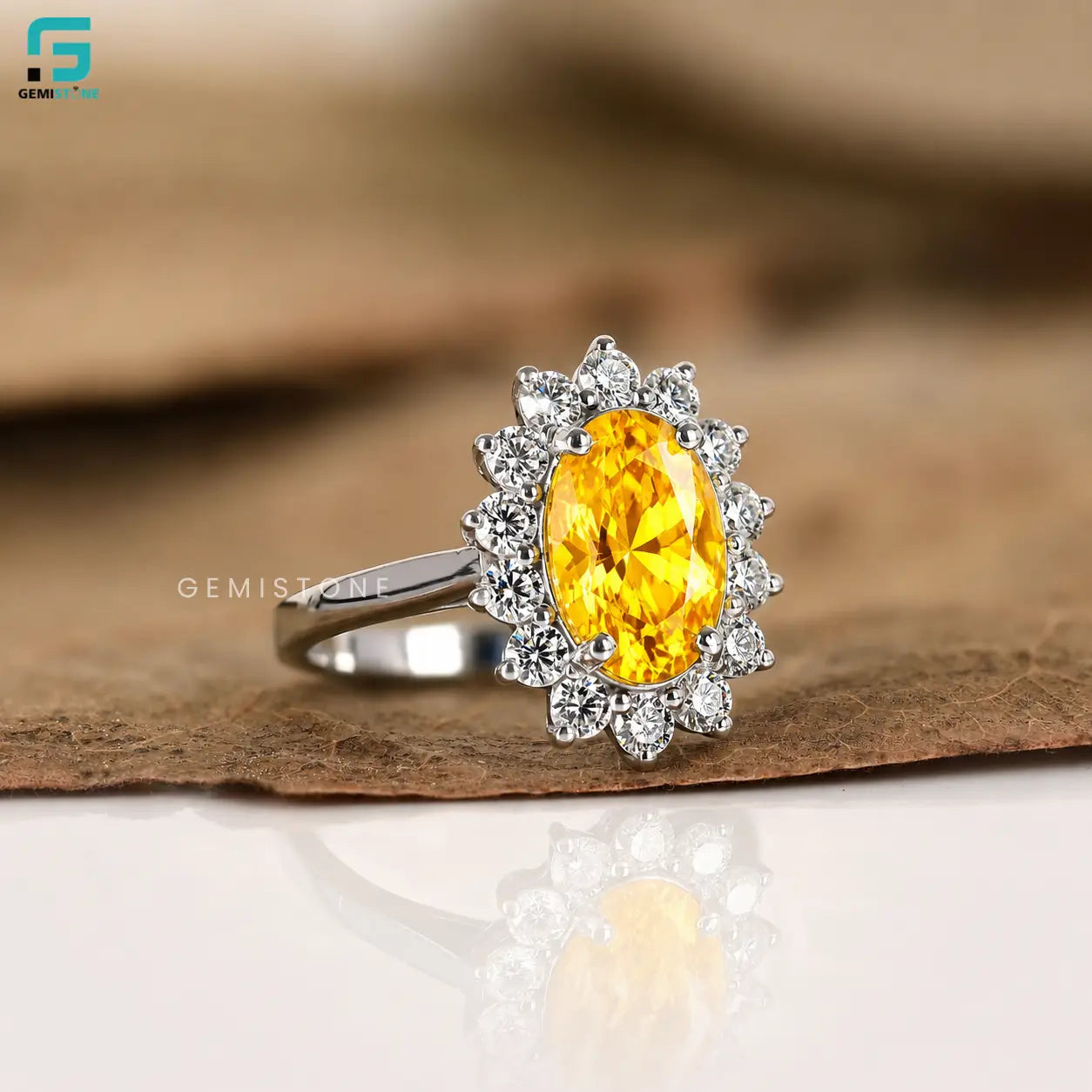 3CT Oval Cut Intense Yellow Color Lab Diamond Halo Ring 