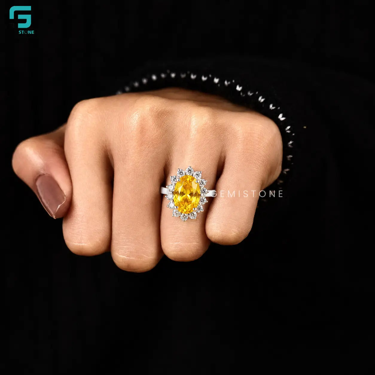 3CT Oval Cut Intense Yellow Color Lab Grown Diamond Halo Ring