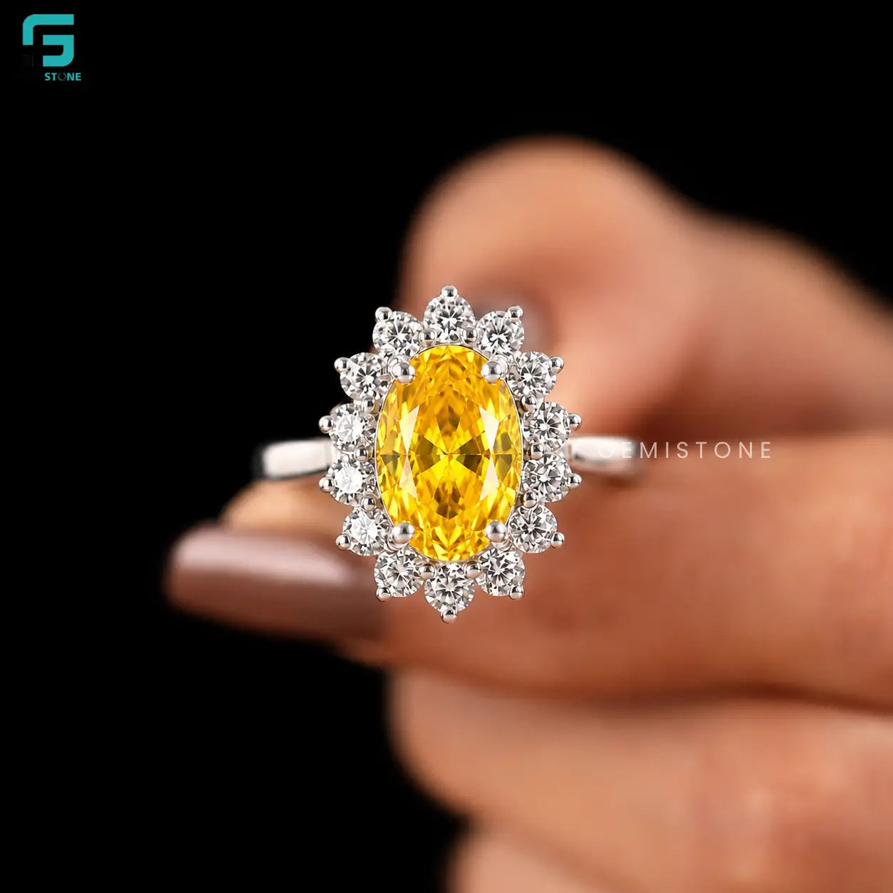 3CT Oval Cut Intense Yellow Color Lab Grown Diamond Halo Ring For Women