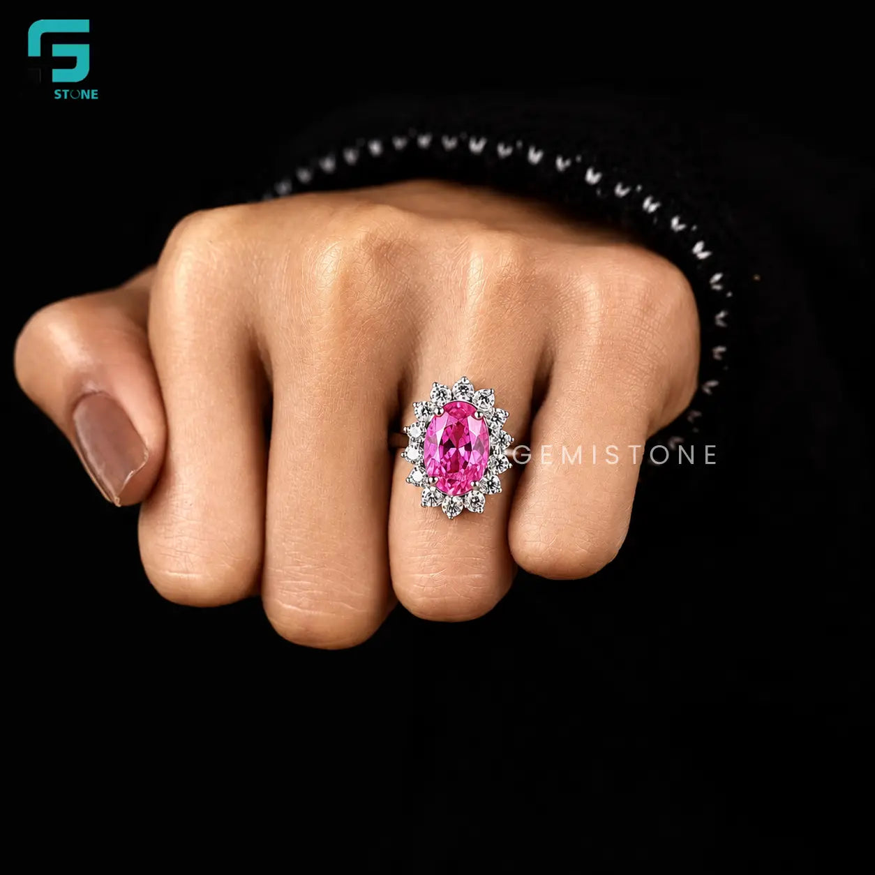 3CT Oval Cut Vivid Pink Lab Diamond Halo Ring 