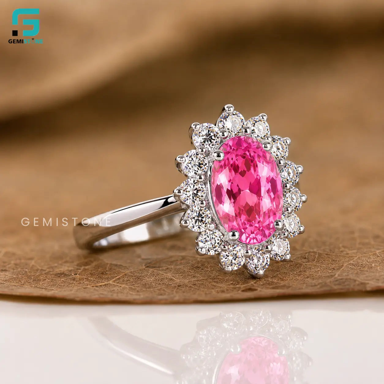 3CT Vivid Pink Lab Diamond Oval Halo Wedding Ring 
