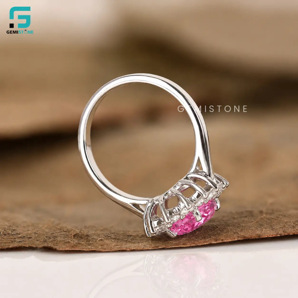 3CT Vivid Pink Lab Diamond Oval Halo Wedding Ring For Women