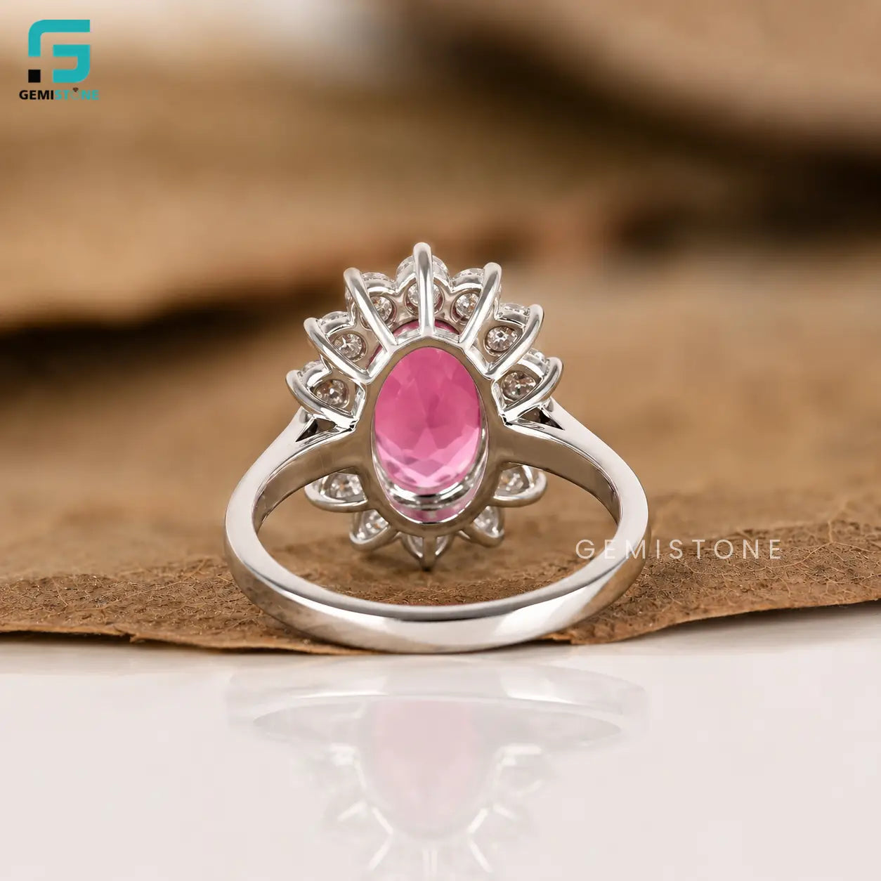3CT Vivid Pink Lab Grown Diamond Oval Halo Wedding Ring 