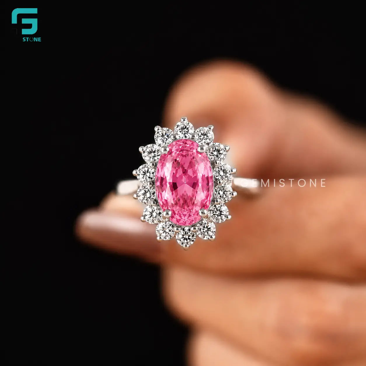 3CT Vivid Pink Lab Grown Diamond Oval Halo Wedding Ring For Women