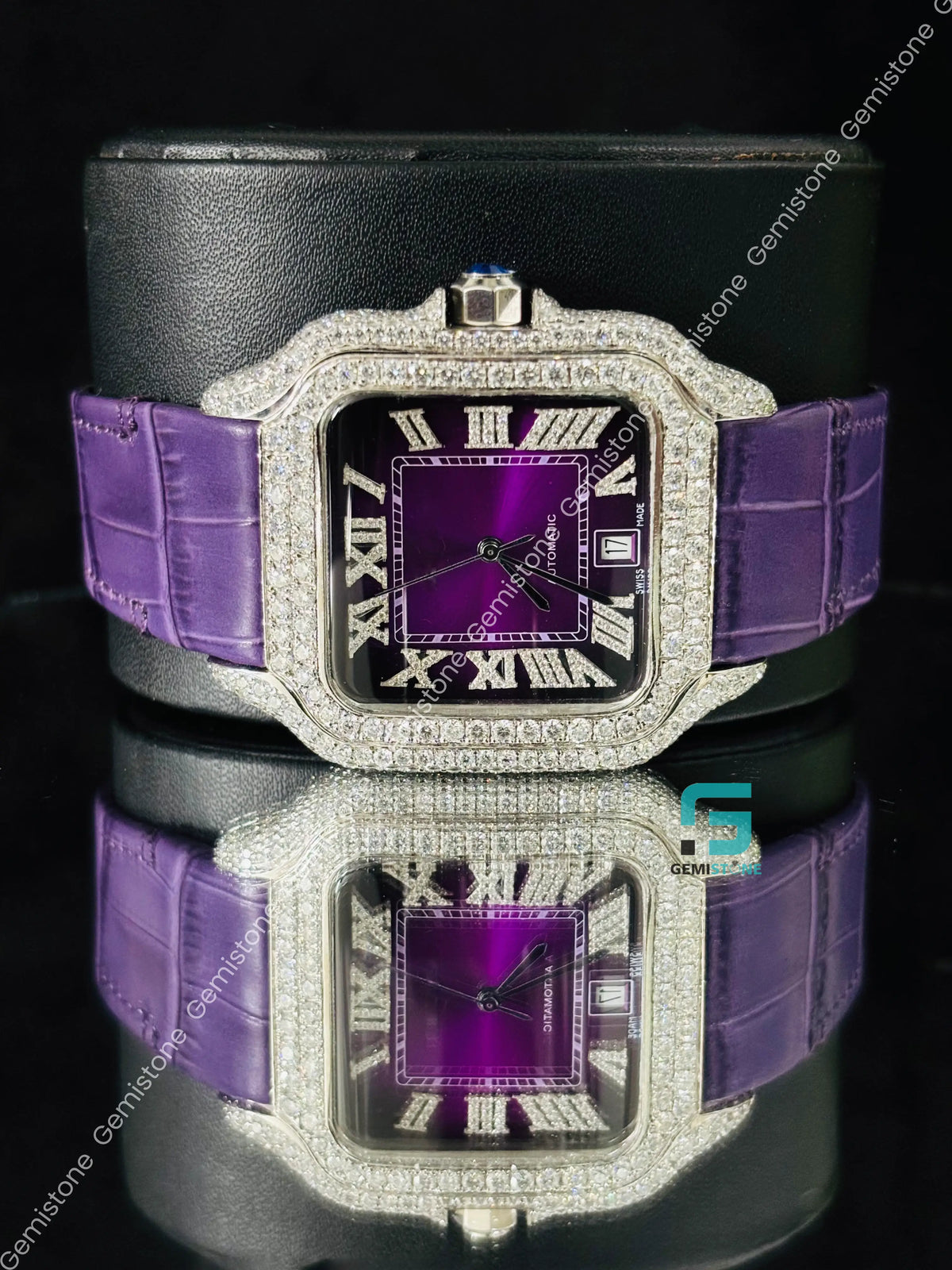 Studded Roman Number Purpal Lather Strap Moissanite Watch