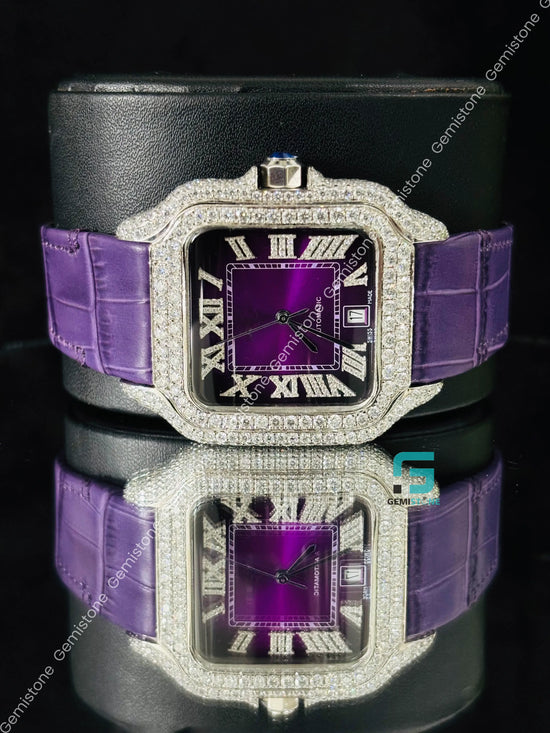 Studded Roman Number Purpal Lather Strap Moissanite Watch