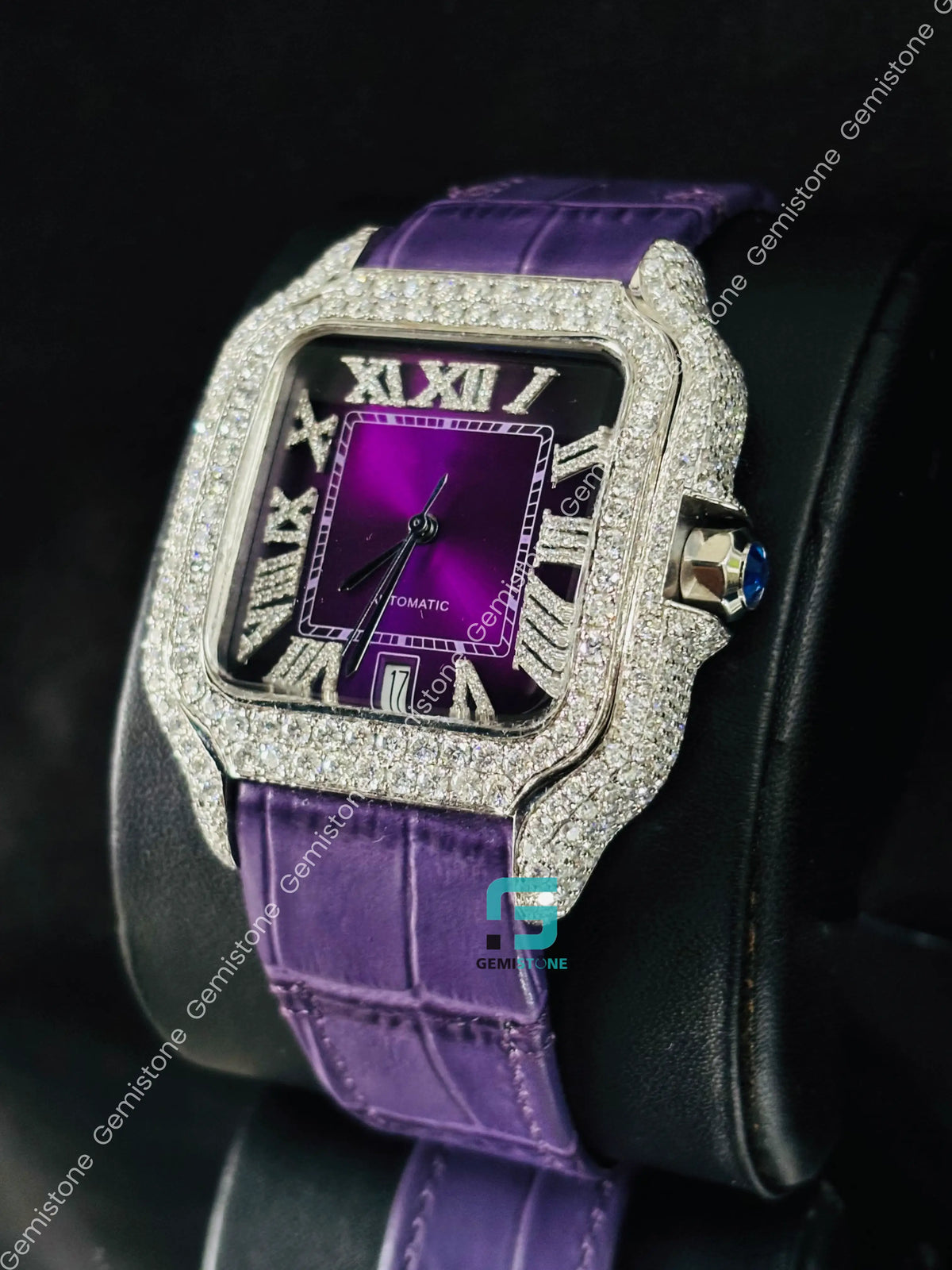 Studded Roman Number Purpal Lather Strap Moissanite Watch