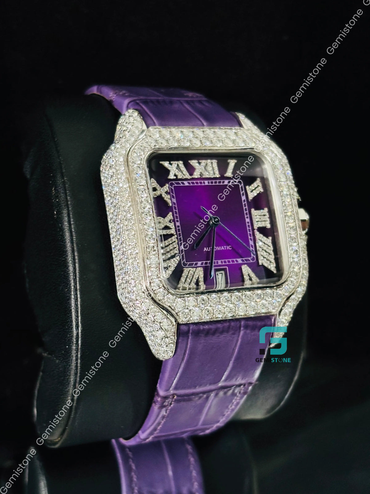Studded Roman Number Purpal Lather Strap Moissanite Watch