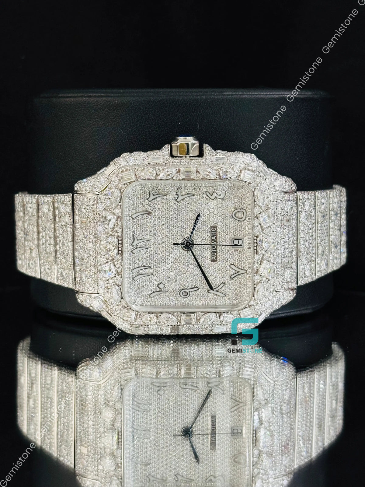 41MM Fancy Stone Dimaond White Arabic Number Moissanite Watch