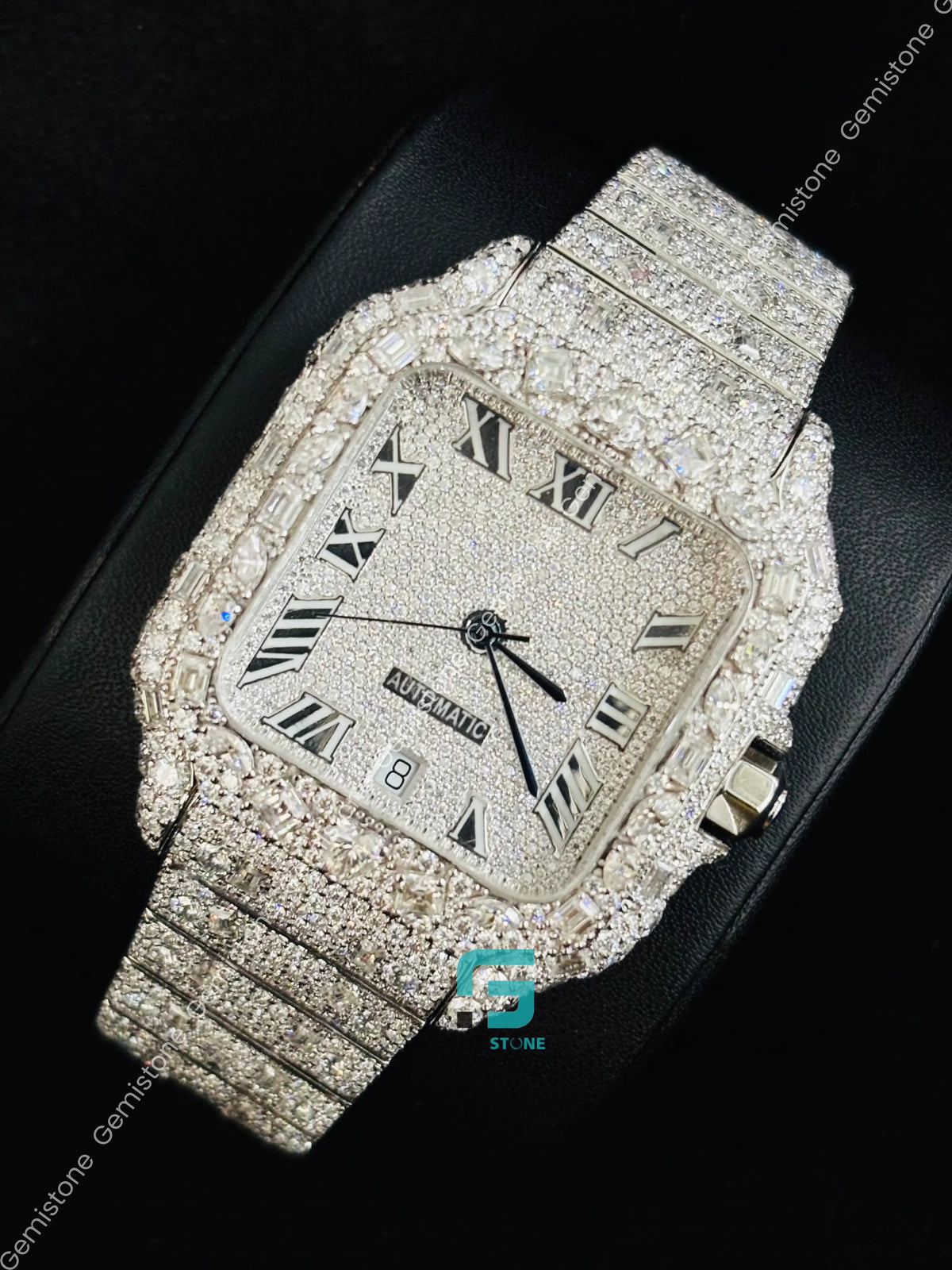 Fully Iced Out Roman Number Moissanite Multi Shape Watch