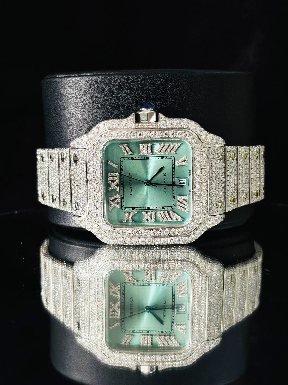 Studded Roman Number Moissanite Muted Green Color Dial Watch