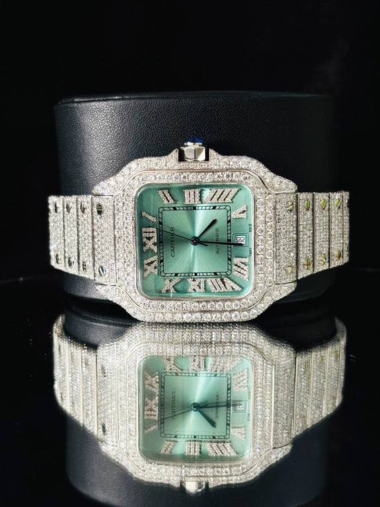 Studded Roman Number Moissanite Muted Green Color Dial Watch