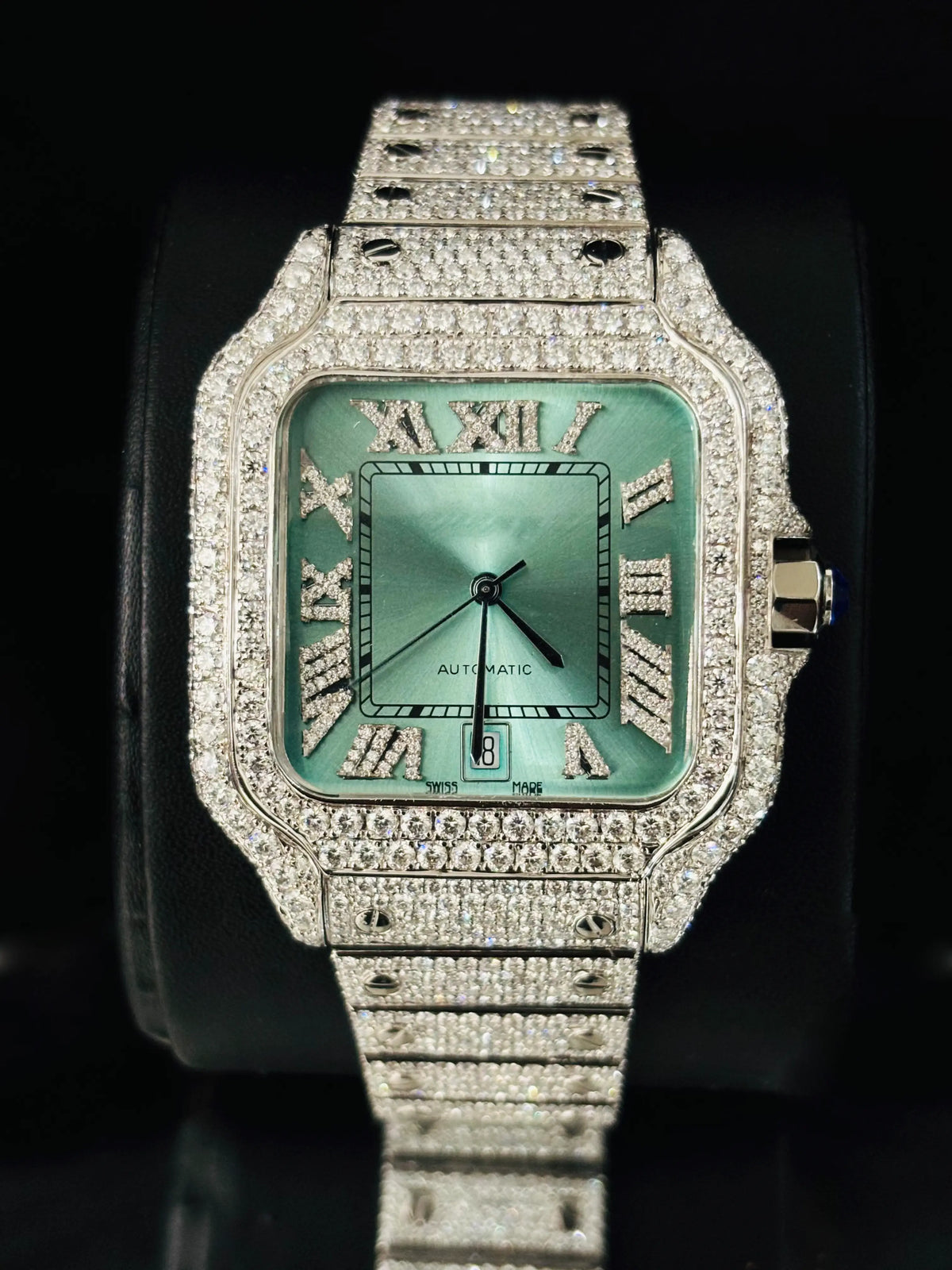 Studded Roman Number Moissanite Muted Green Color Dial Watch