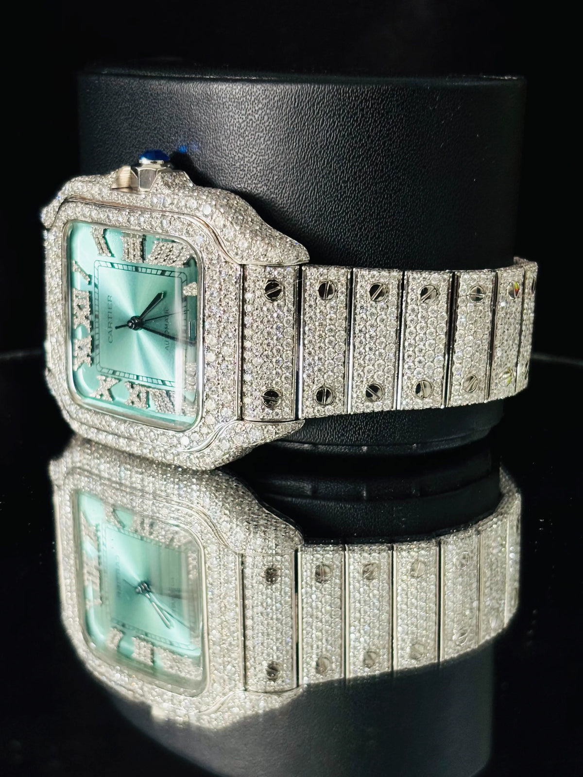 Studded Roman Number Moissanite Muted Green Color Dial Watch
