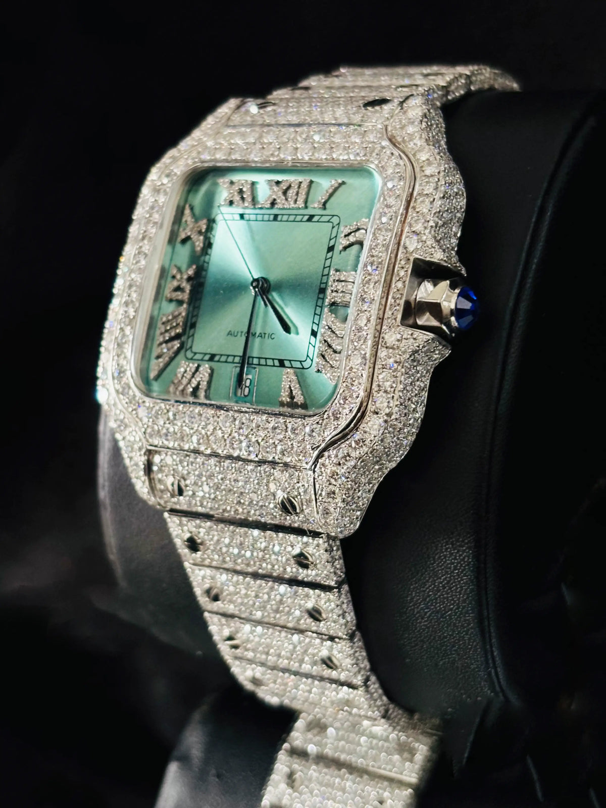Studded Roman Number Moissanite Muted Green Color Dial Watch