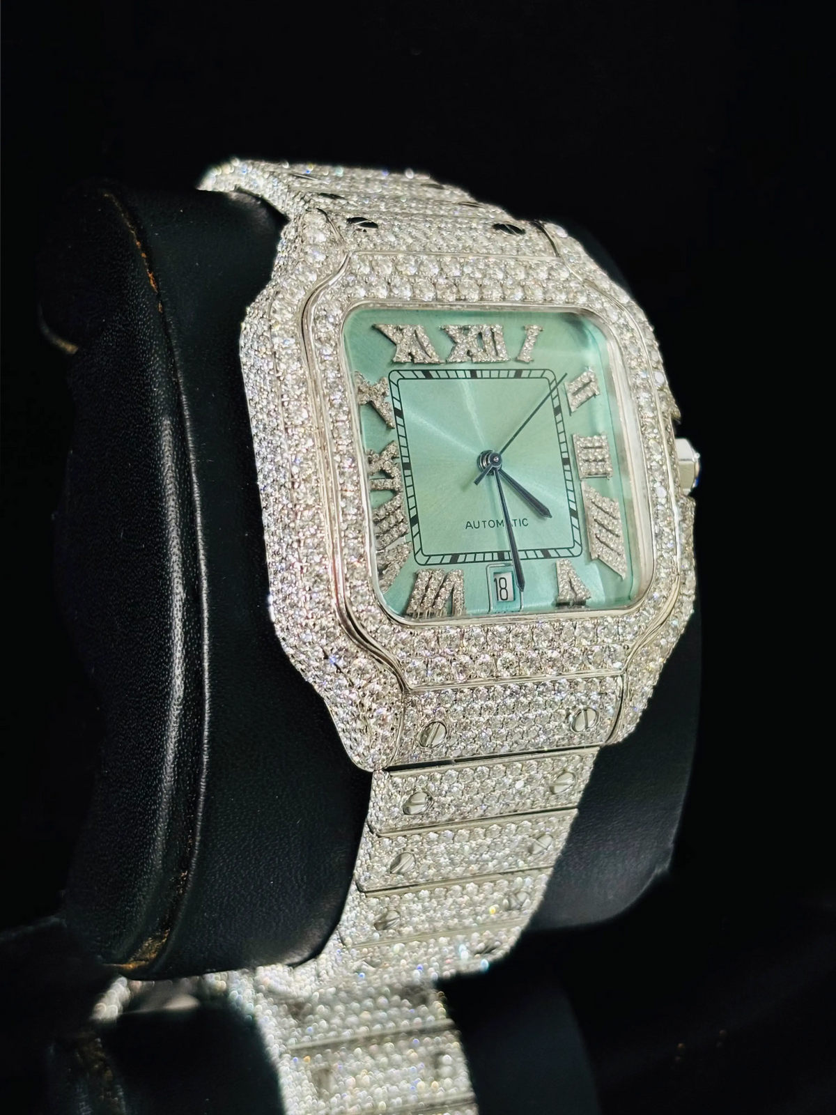 Studded Roman Number Moissanite Muted Green Color Dial Watch