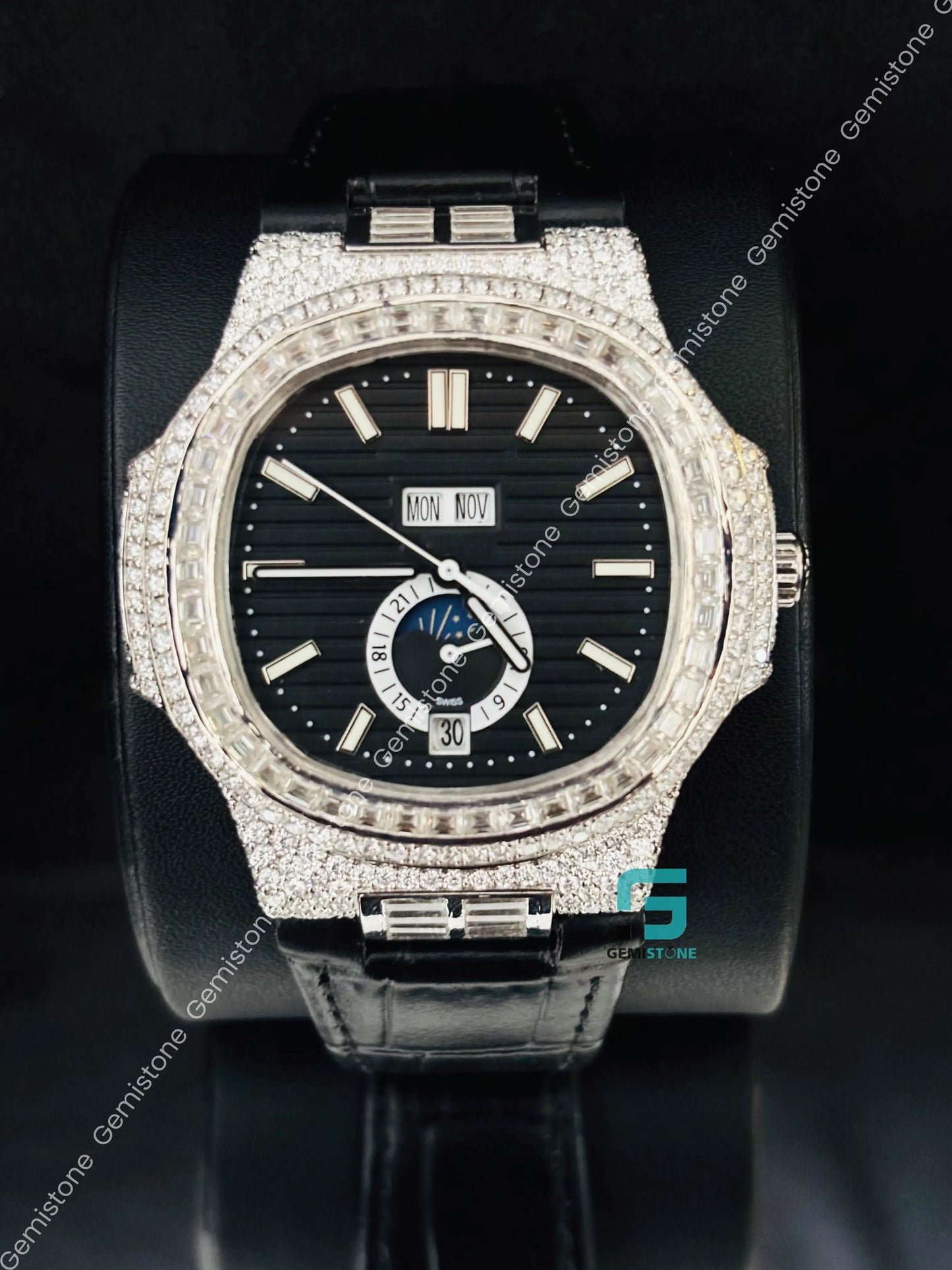 Black Dial Iced out Baguette Moissanite Hip Hop Watch