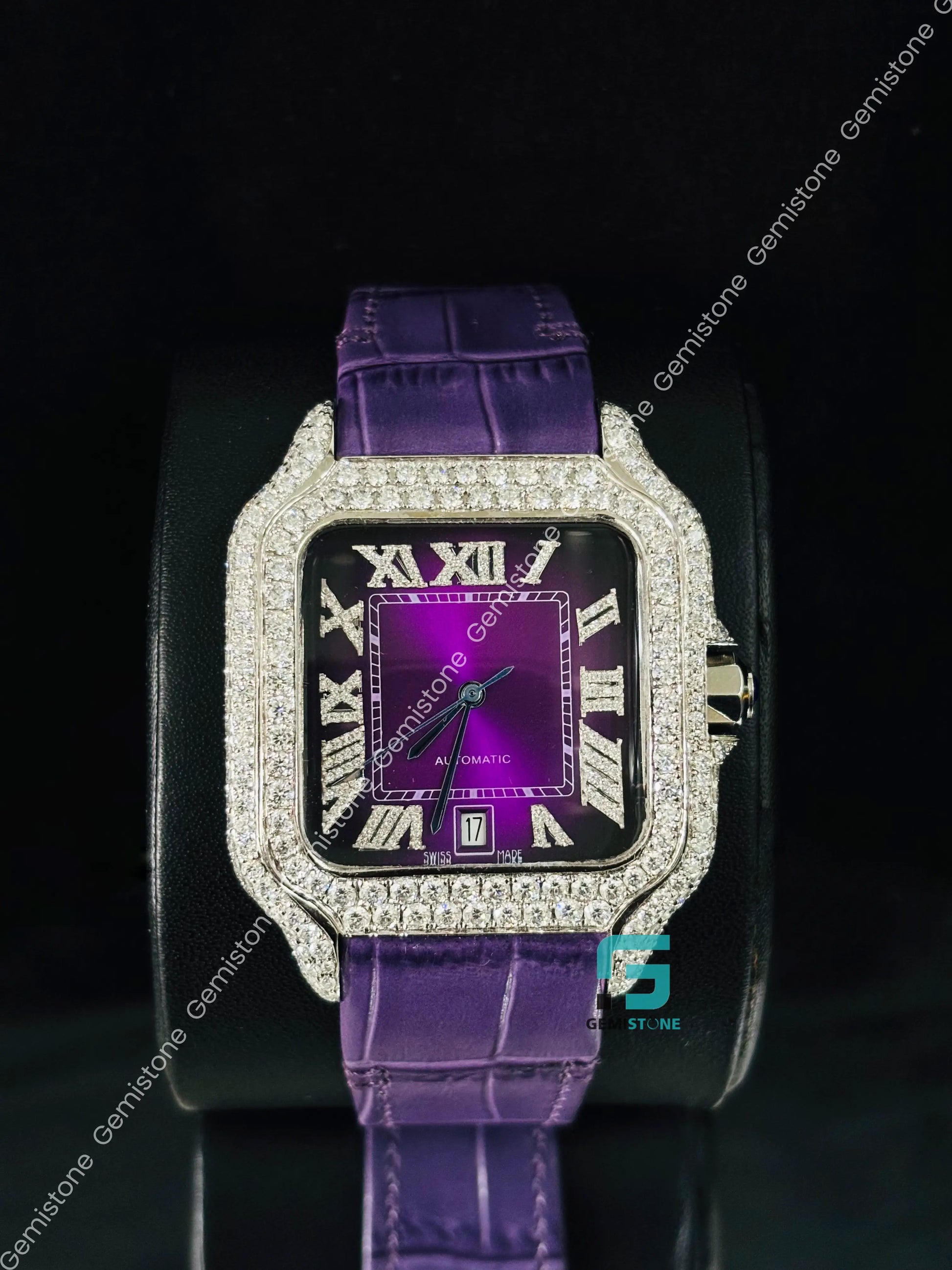41MM Cartier Moissanite Stuuded Roman Number Purpal Dial Watch