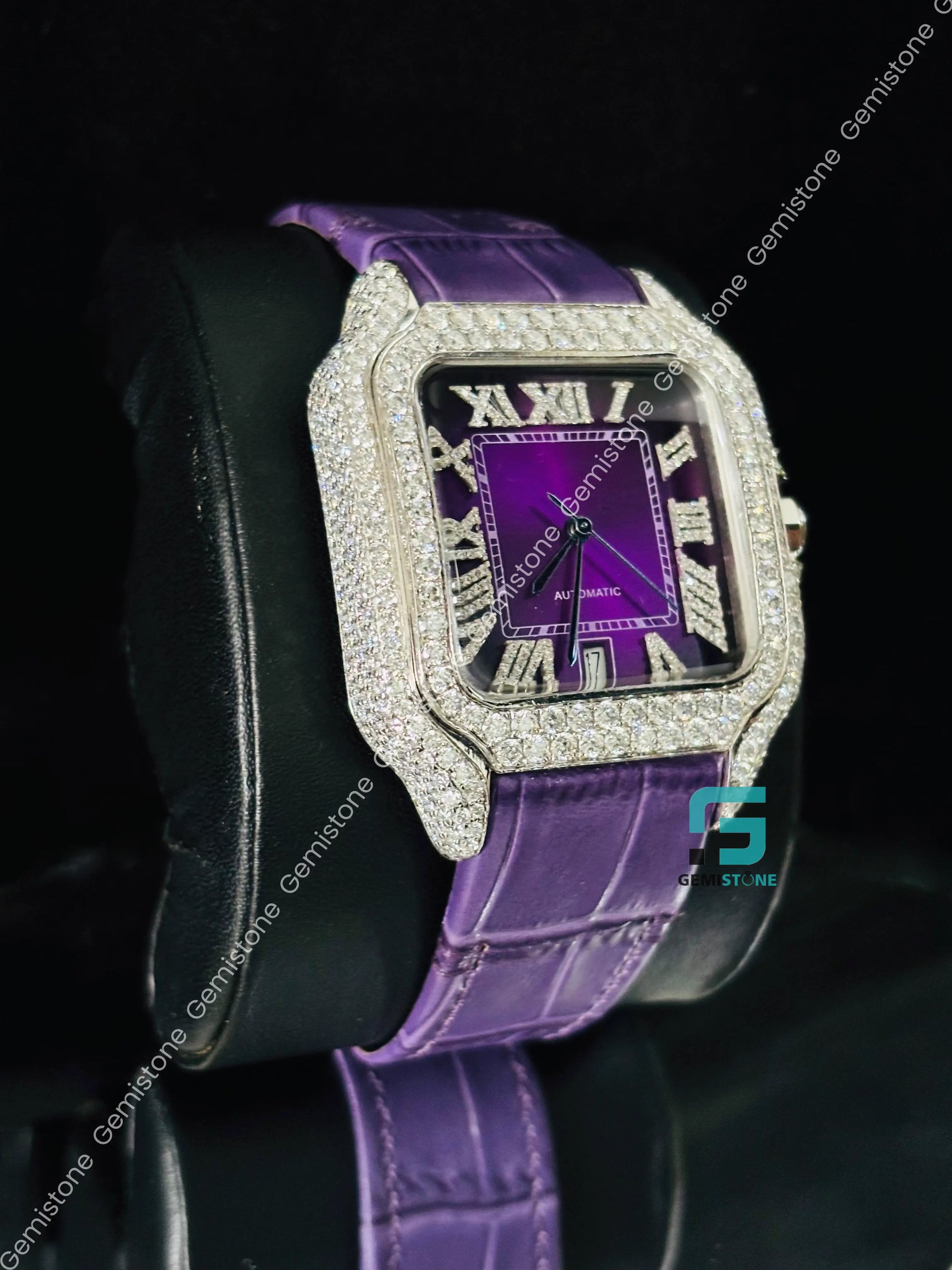 41MM Cartier Moissanite Stuuded Roman Number Purpal Dial WatchForMen