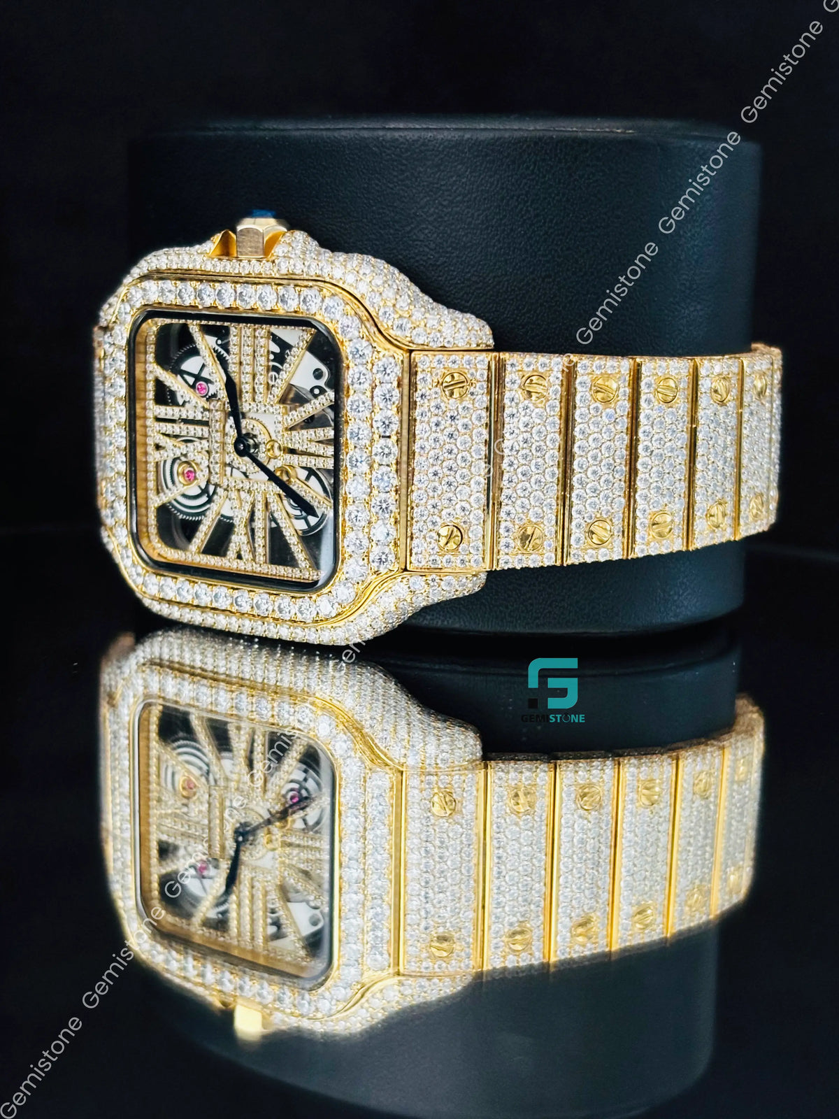 41MM Cartier Yellow Gold Plated Moissanite Skeleton Dial Watch For Men