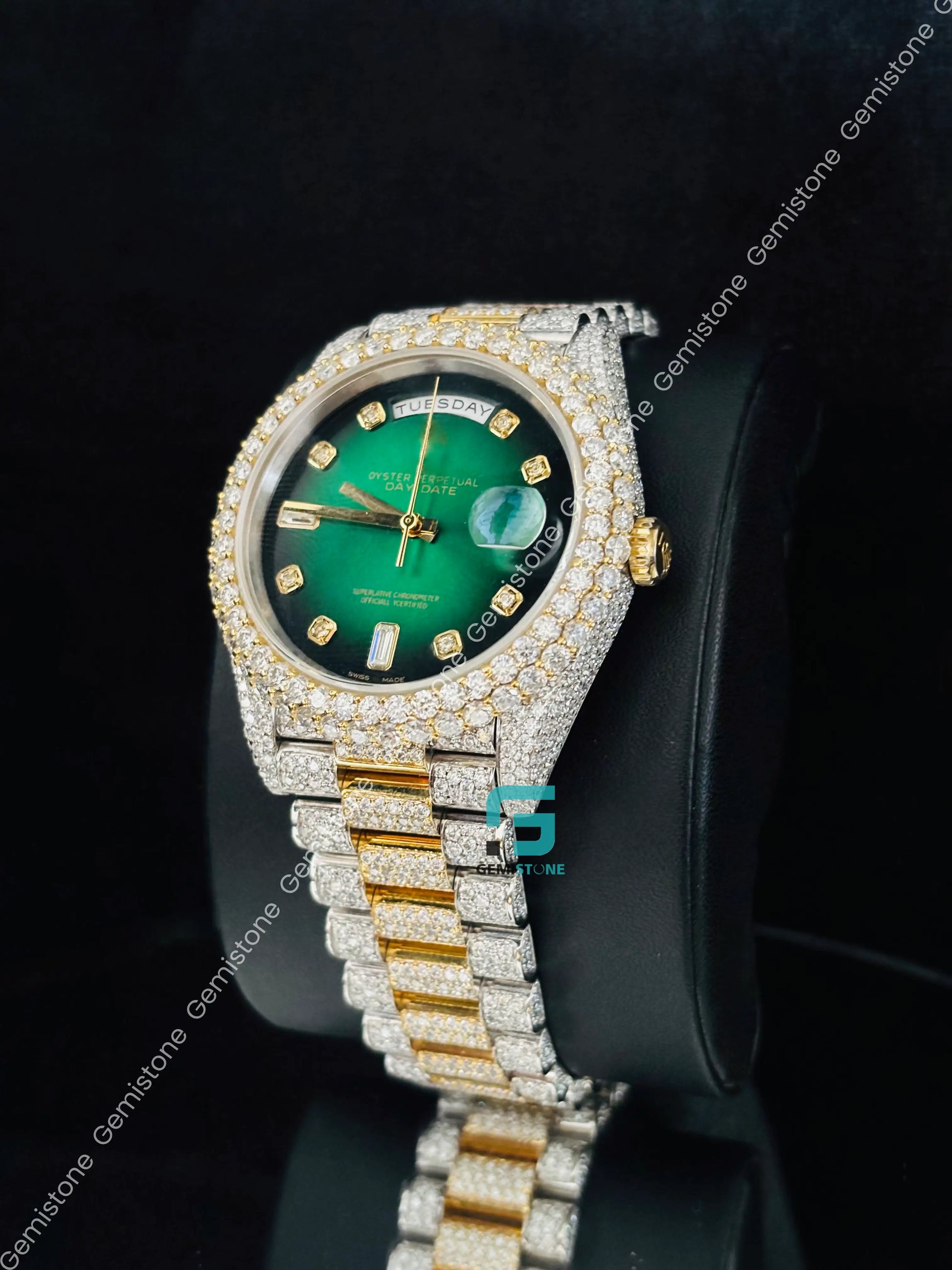 41MM Green Dial Moissanite Day Date Watch For Men