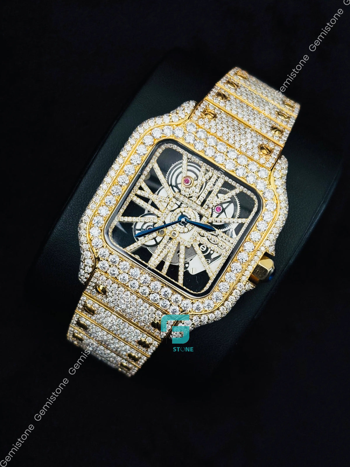 41MM Hip Hop Cartier Yellow Gold Plated Moissanite Skeleton Dial Watch